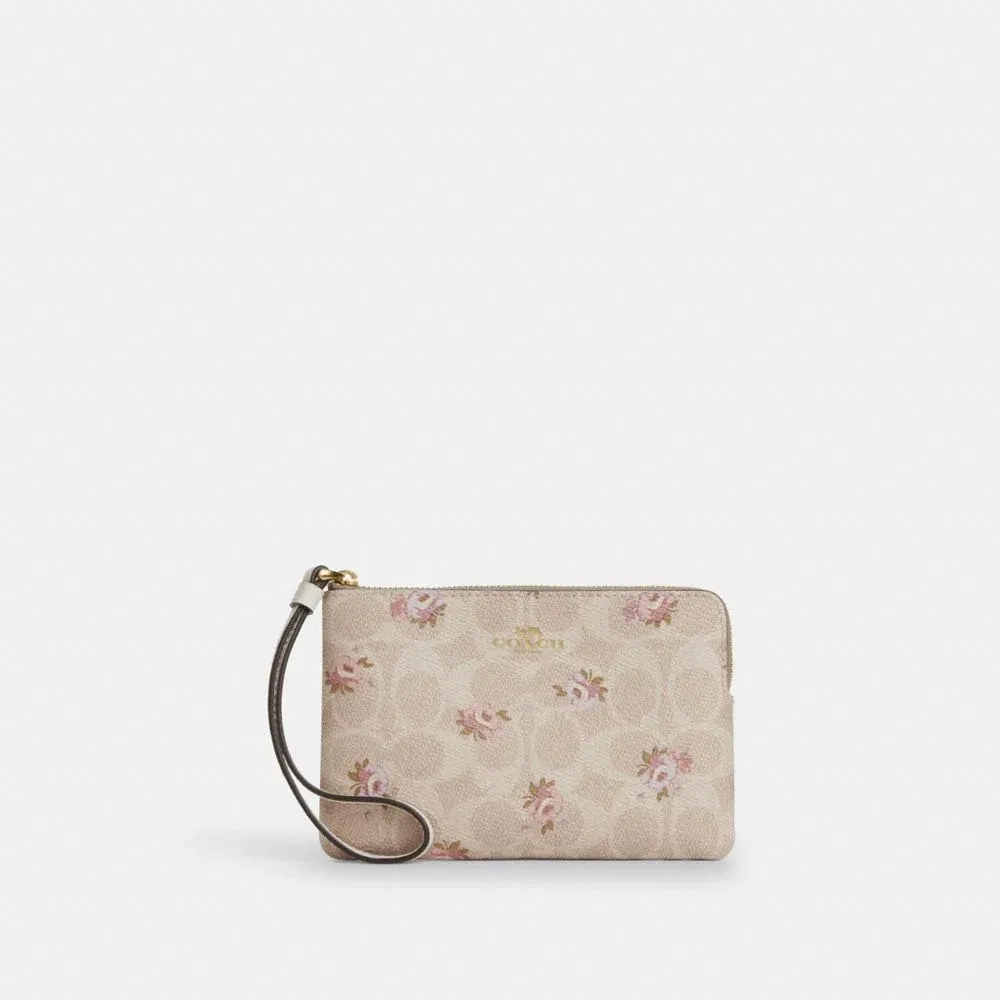 Coach Corner Zip Wristlet In Signature Canvas With Floral Print Gold-Sand Multi