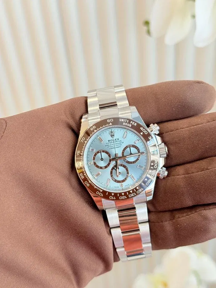 Rolex Cosmograph Daytona 126506-0002 Diamond-Set Chestnut Brown Bezel Oyster Platinum Bracelet Ice Blue Dial