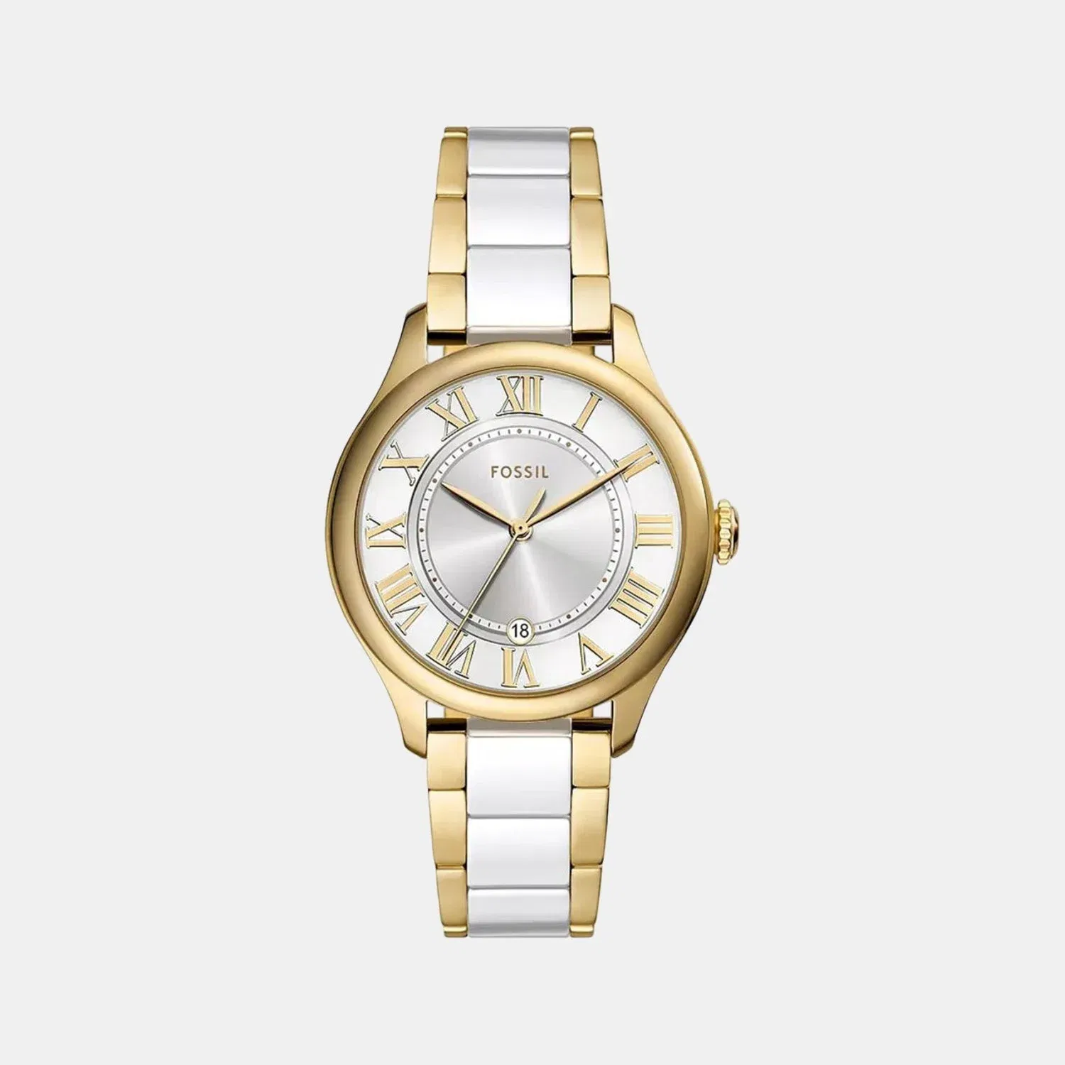 Fossil Gilmore Three-Hand Date Gold-Tone and White Dial Ceramic Strap Watch