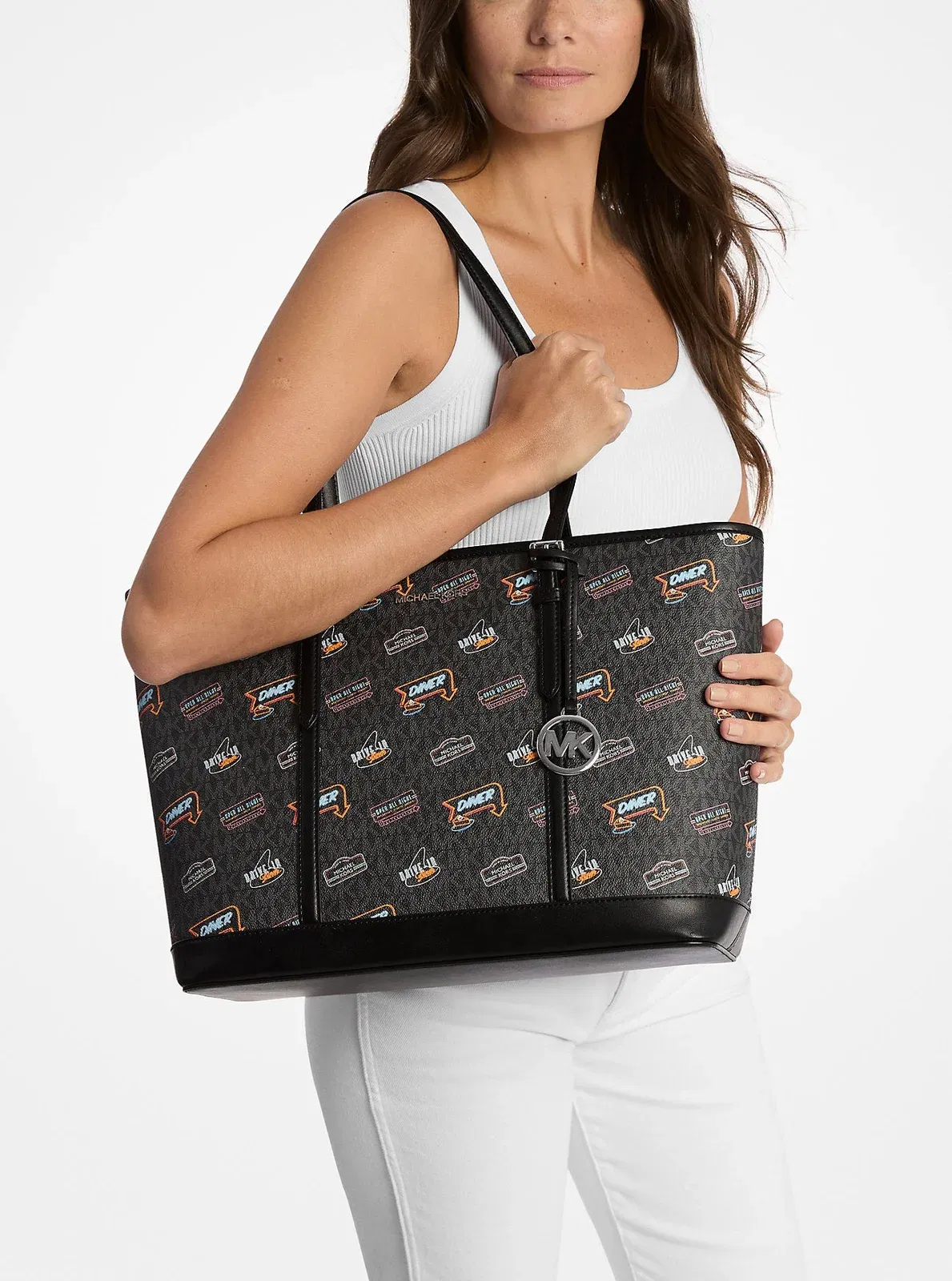 Michael Kors Jet Set Large Printed Signature Logo Tote Bag Black