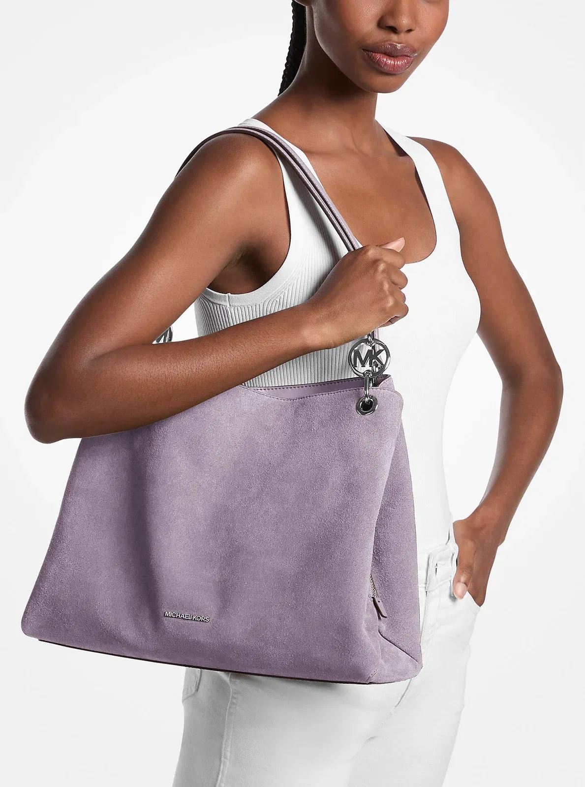Michael Kors Christina Large Suede Shoulder Bag Lt Quartz