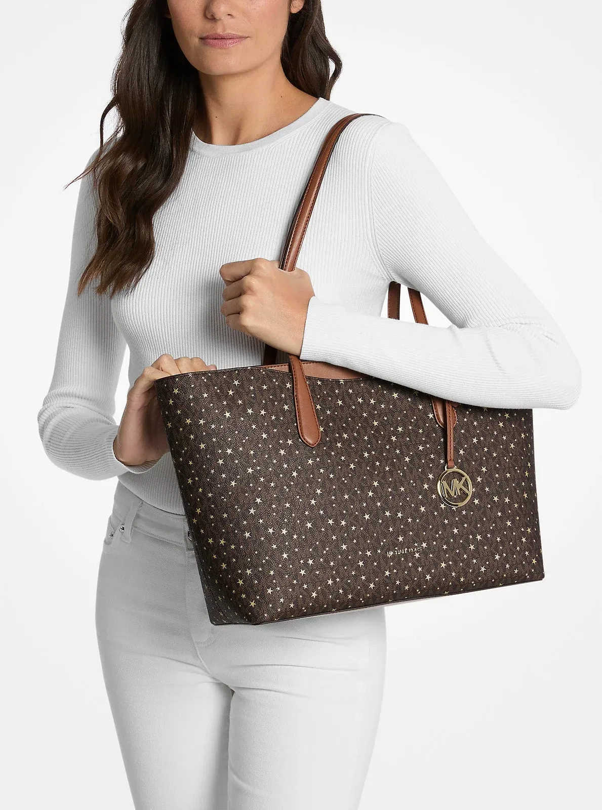 Michael Kors Arden Large Printed Signature Logo Top-Zip Tote Bag Brown