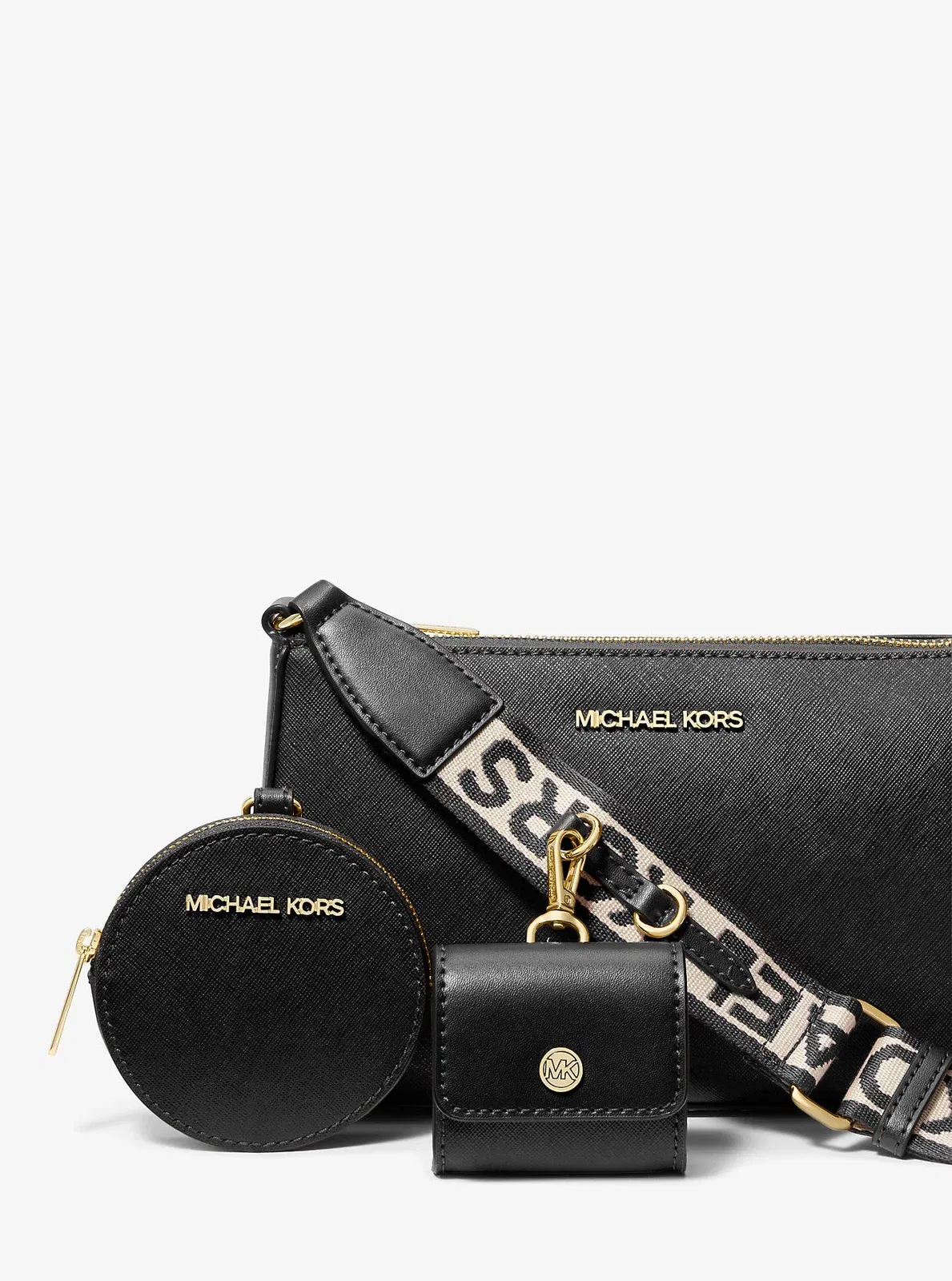 Michael Kors Jet Set Saffiano Leather Crossbody Bag with Case for Apple Airpods Pro Black