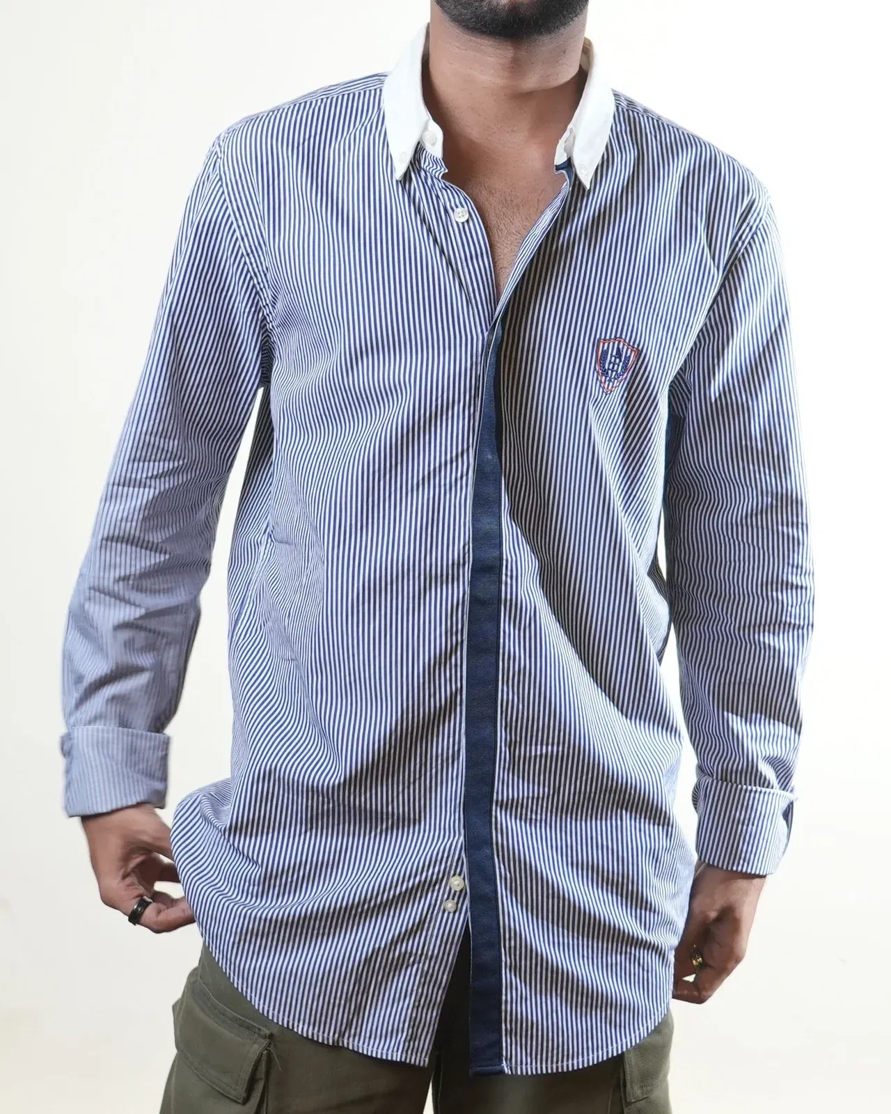 The Emperor Blue White Striped Formal Shirt (M)