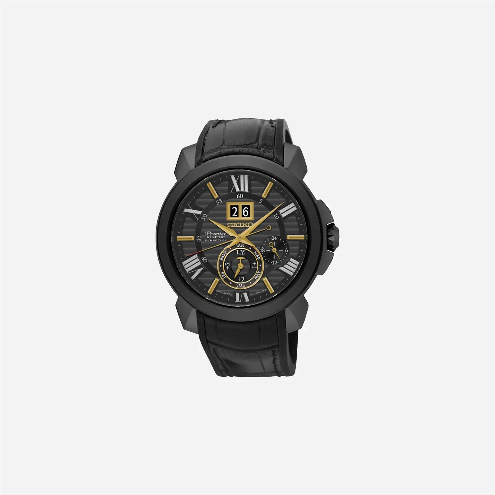 Seiko Premier Kinetic Perpetual Black Dial Silicon Strap Watch - SNP145P1