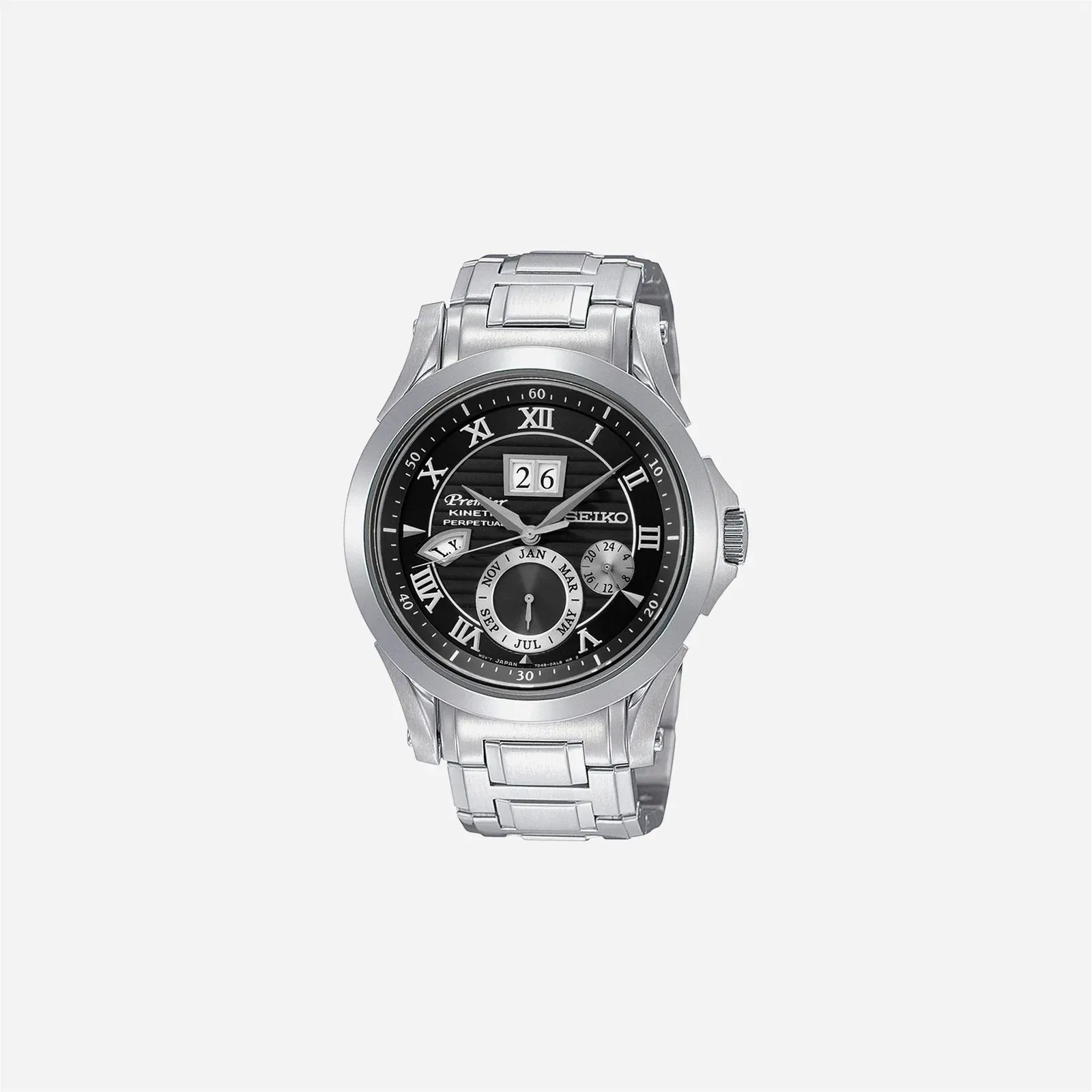 Seiko Premier Kinetic Perpetual Kinetic Powered Black Dial Stainless Steel Watch - SNP059P1