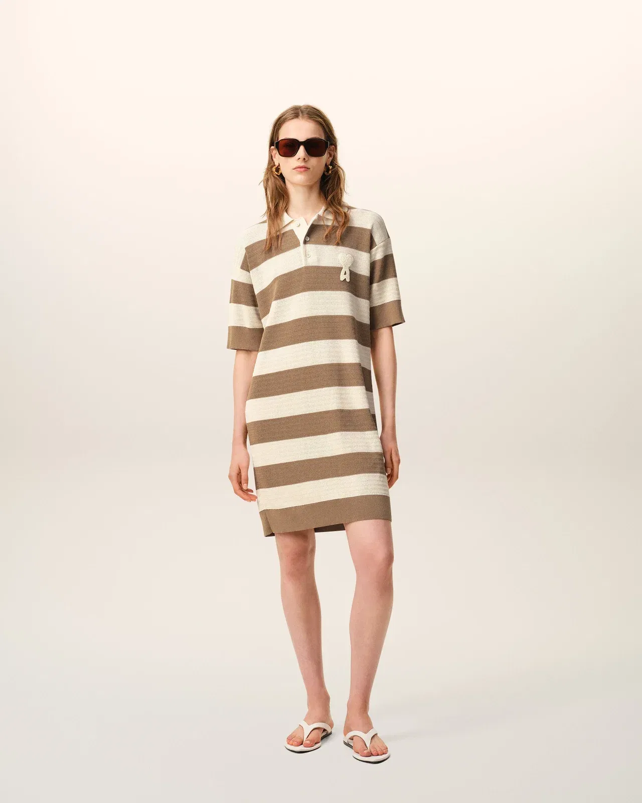 White And Brown Cotton Polo Dress Ami De Coeur Patch Women's