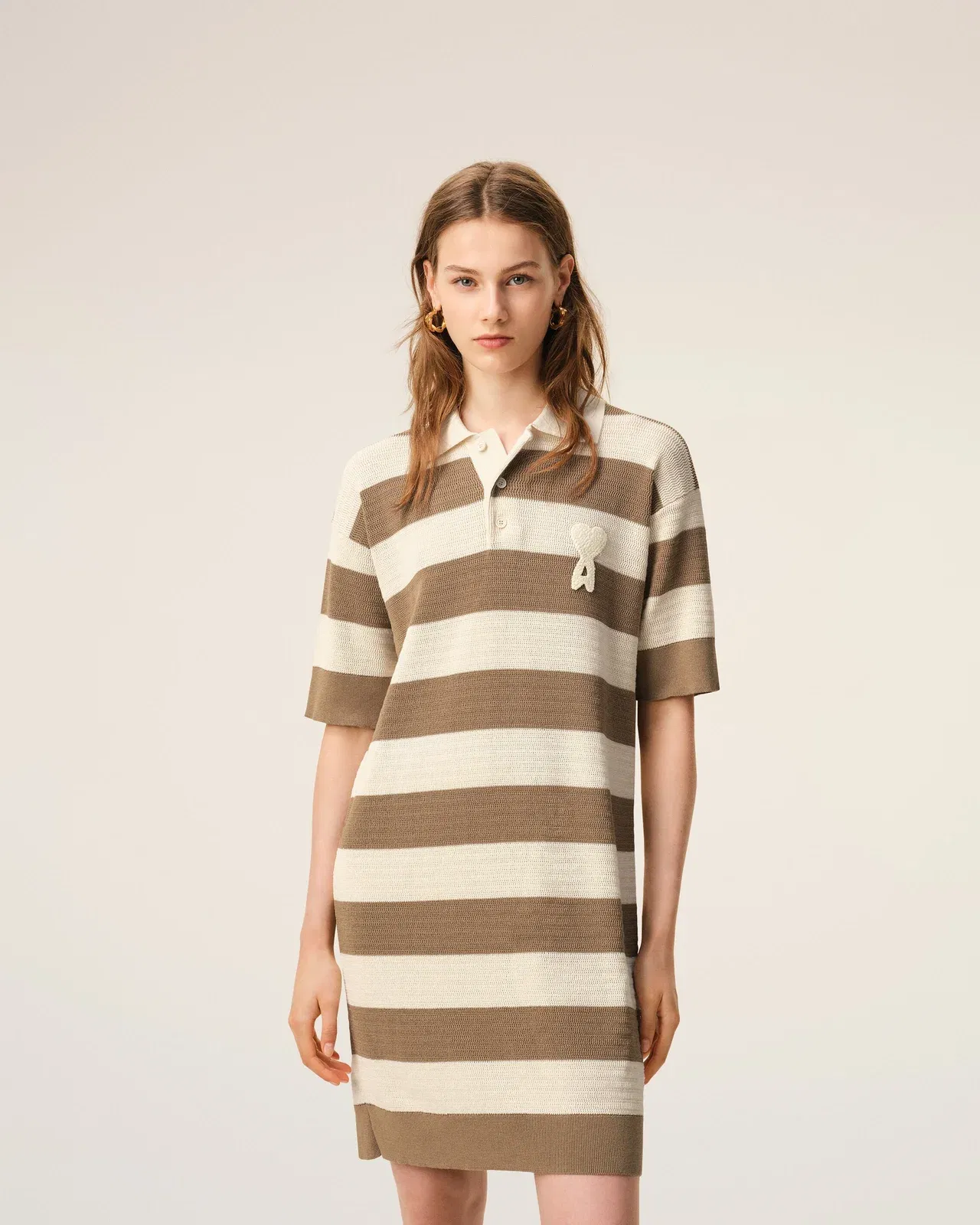 White And Brown Cotton Polo Dress Ami De Coeur Patch Women's