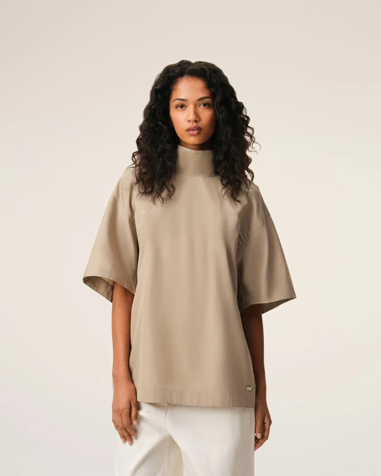AmiParis Beige Cotton Stand Up Collar Buttoned Top Women's