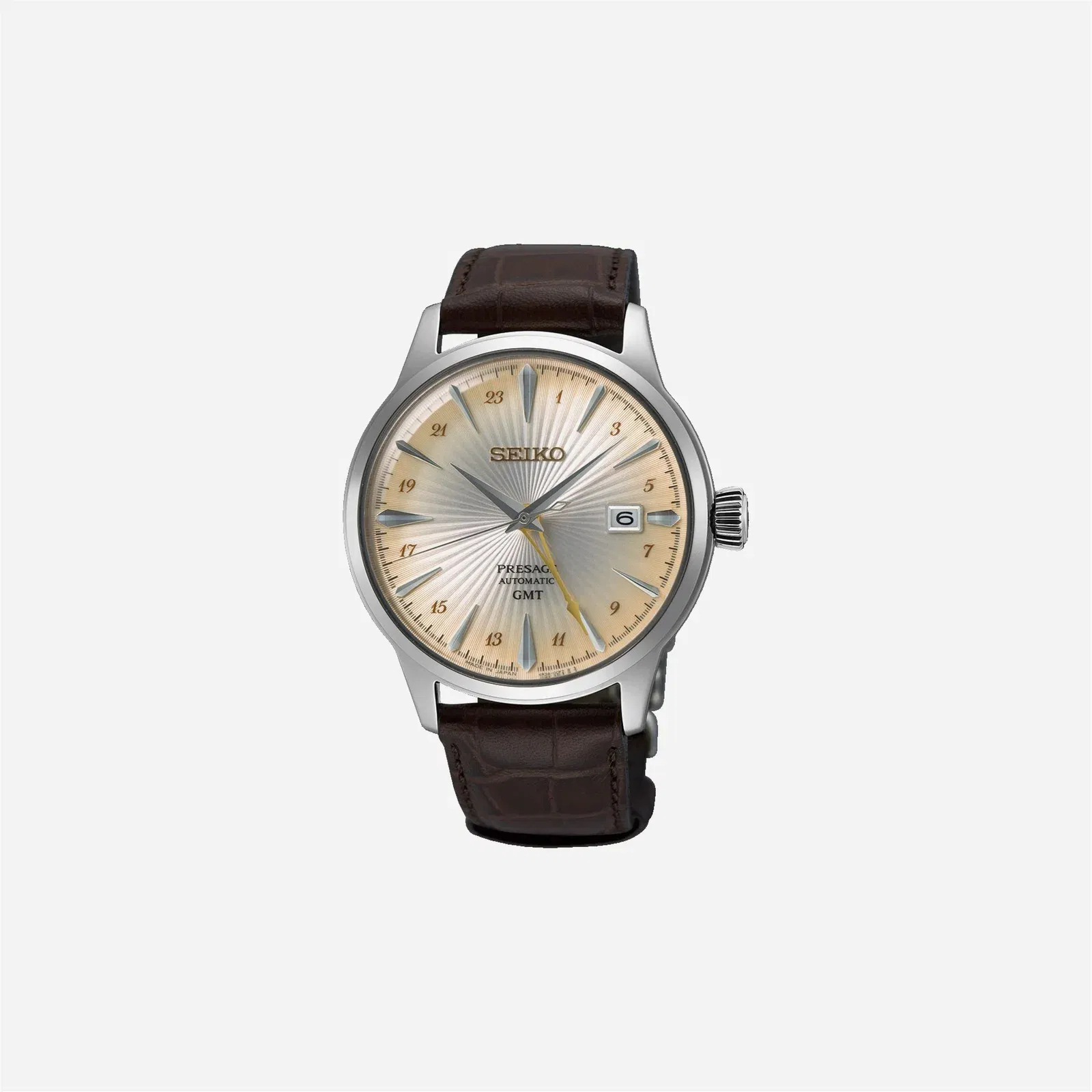 Seiko Presage Acacia Cocktail Time GMT Gold Dial Leather Strap Watch - SSK041J1