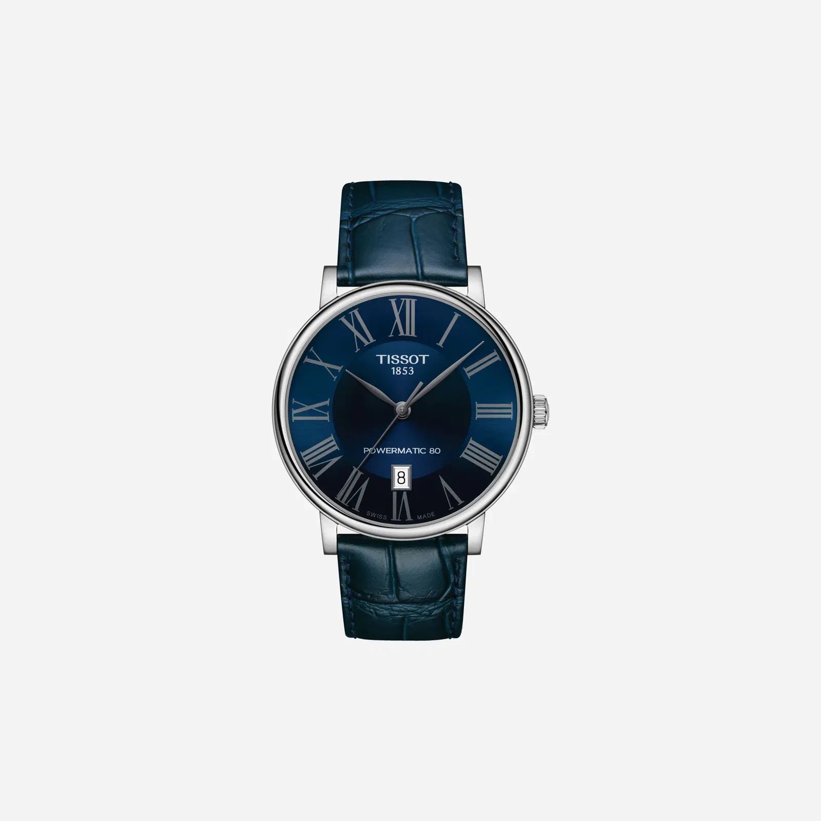 Tissot Carson Premium Powermatic 80 Leaf Dial Blue Leather Strap Watch