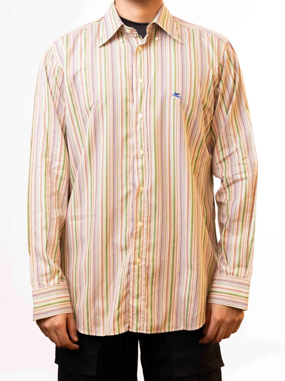 Etro Milano Men's Green Vertical Striped Logo Shirt (L)