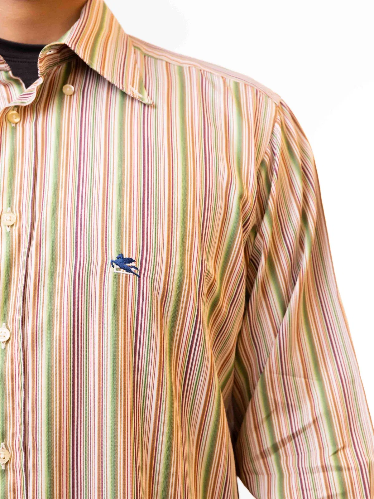 Etro Milano Men's Green Vertical Striped Logo Shirt (L)