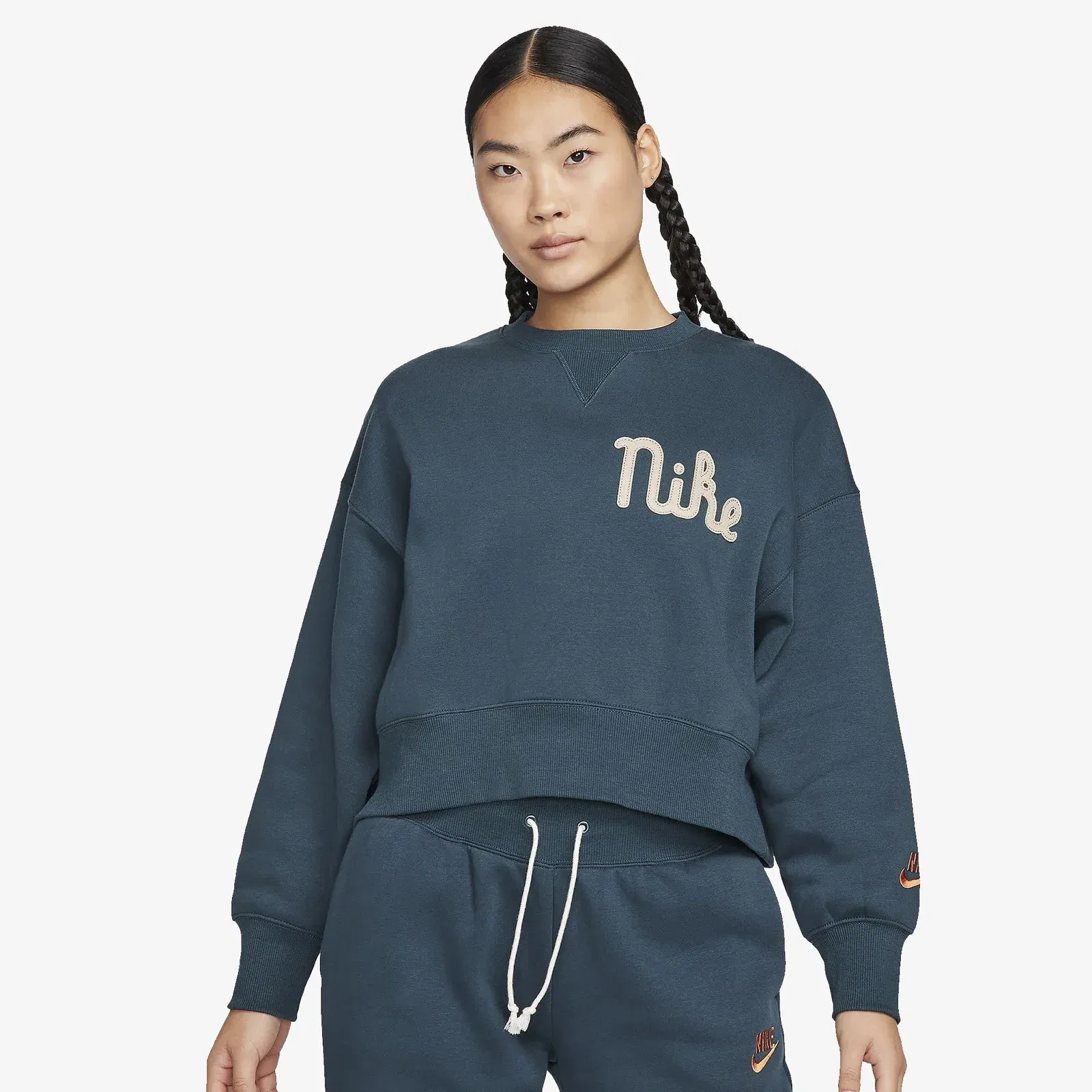 Nike CREW-NECK FLEECE SWEATSHIRT { DEEP JUNGLE/KHAKI/CAMPFIRE ORANGE