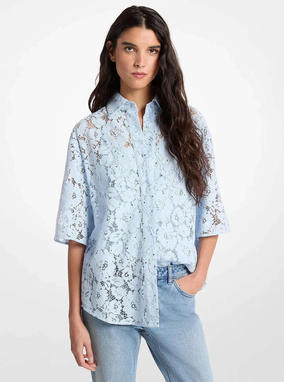Michael Kors Studded Corded Floral Lace Shirt PASTEL BLUE
