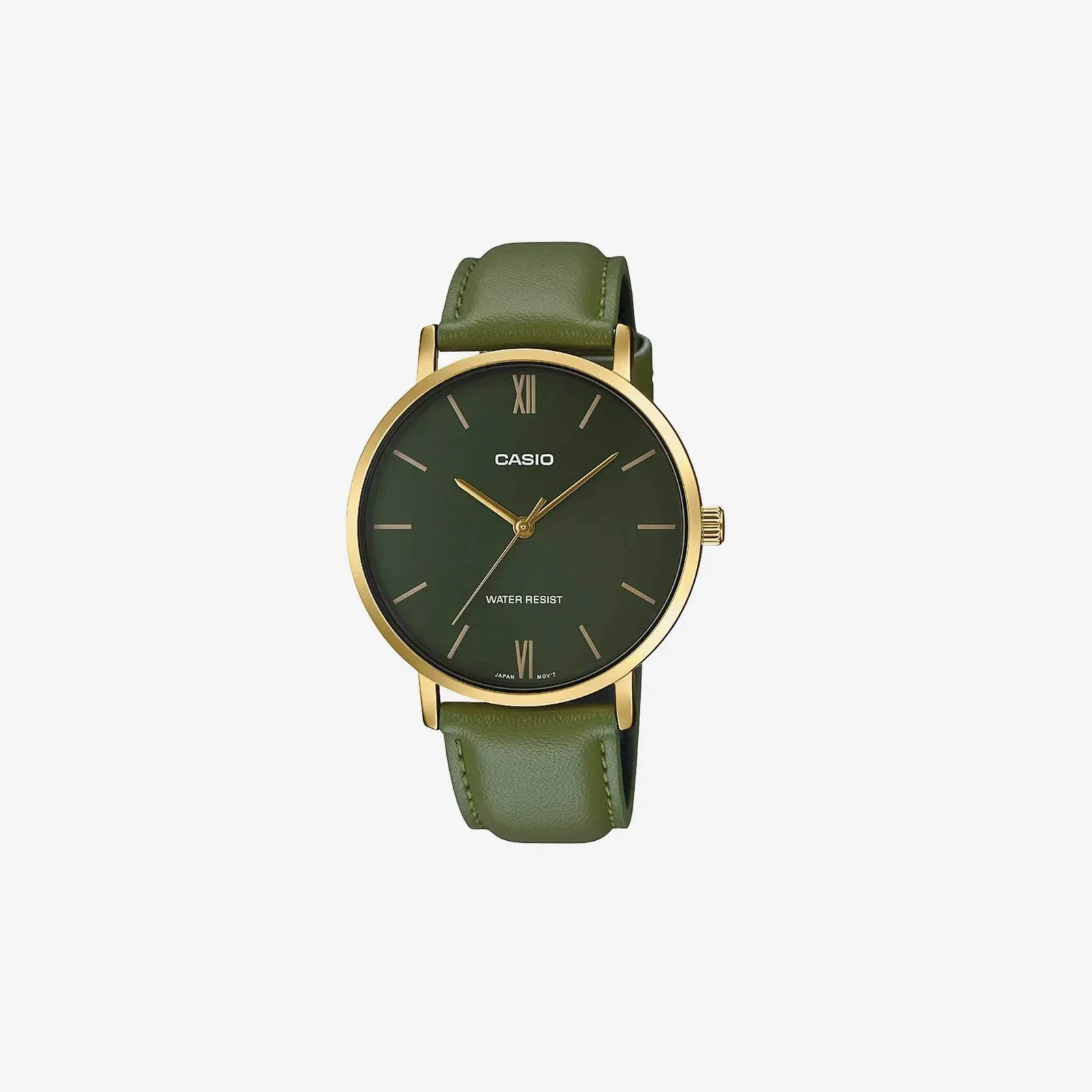 Casio MTP-VT01GL-3B Minimalistic Gold Tone Green Leather Band Green Dial Analog Watch