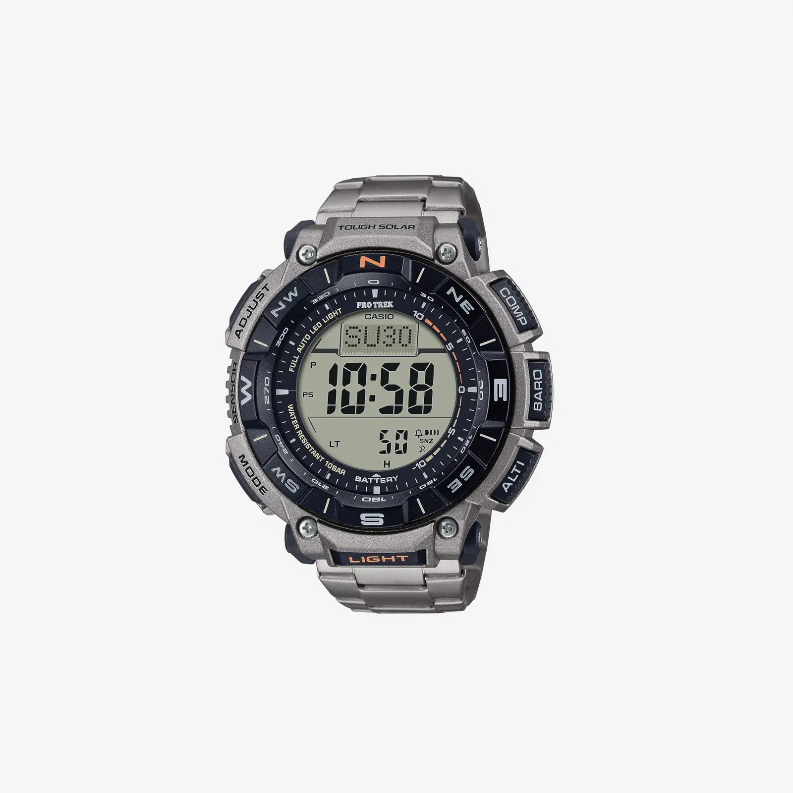 Casio PRG340 Series / Pro Trek / 100 Meter Water Resistance / Compass / Alt/Baro-Thermo / Tough Solar Power / 1-100 SEC Stopwatch / Countdown Timer / World Time
