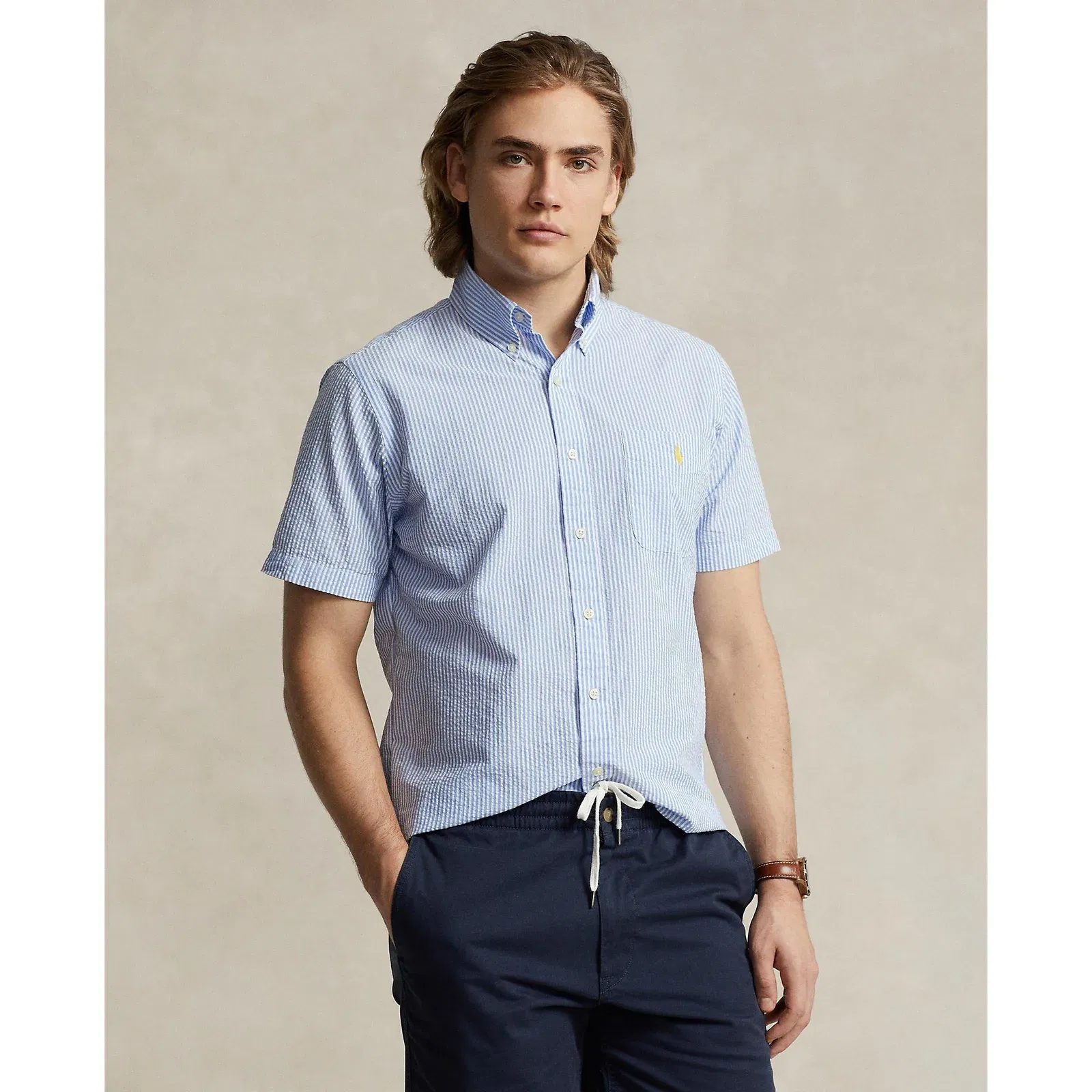Striped Seersucker Short-Sleeve Shirt
