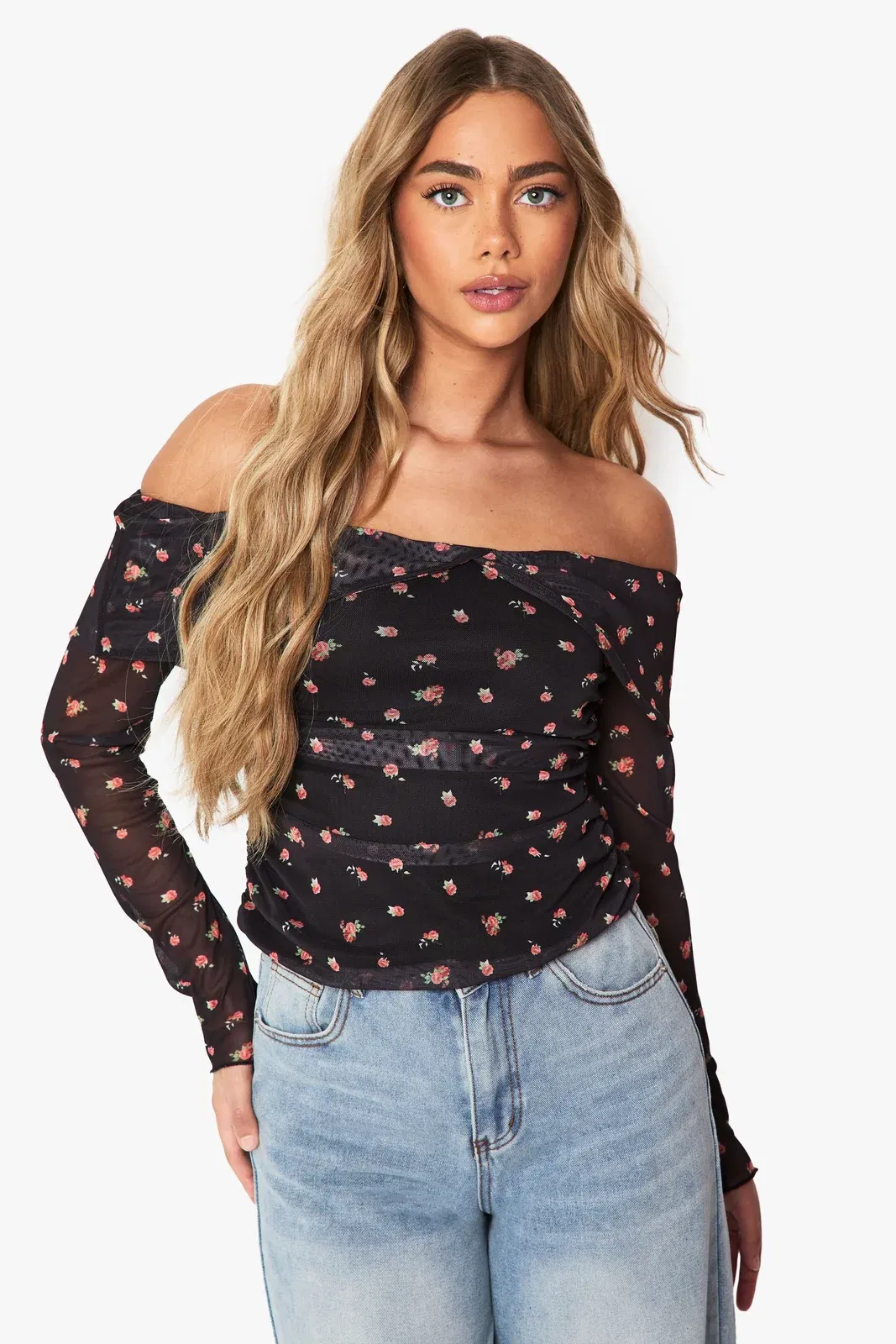 Printed Mesh Bardot Ruched Top