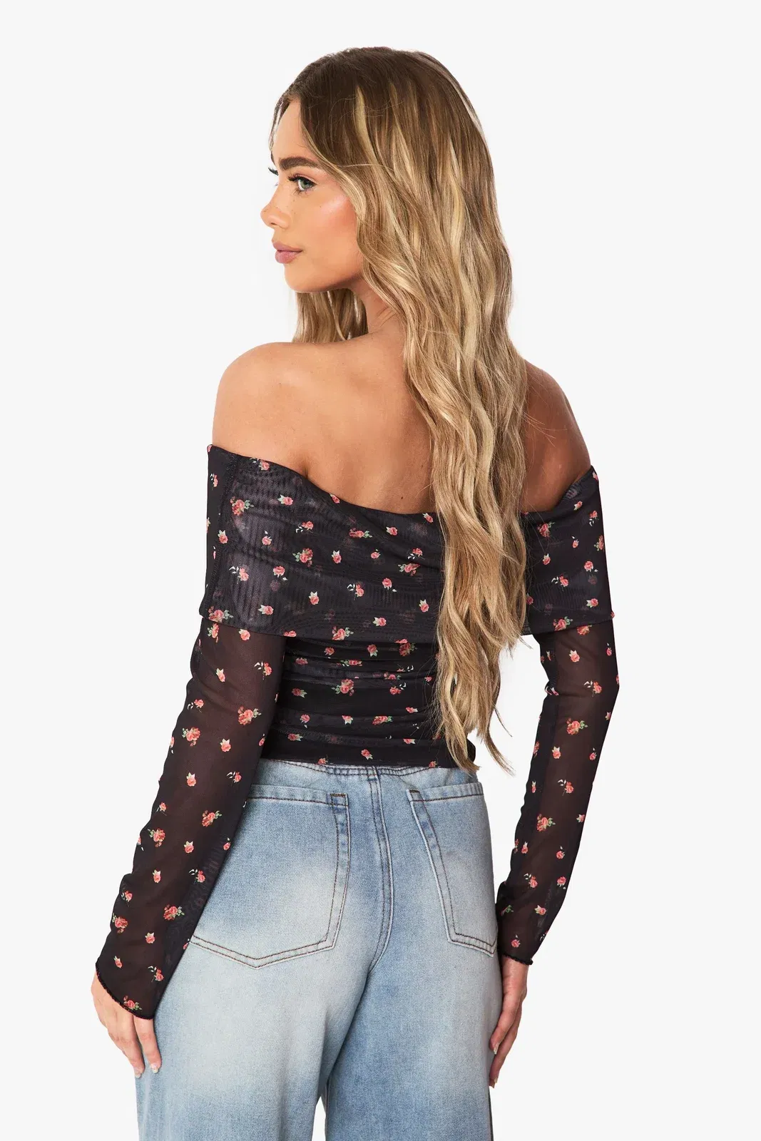 Printed Mesh Bardot Ruched Top