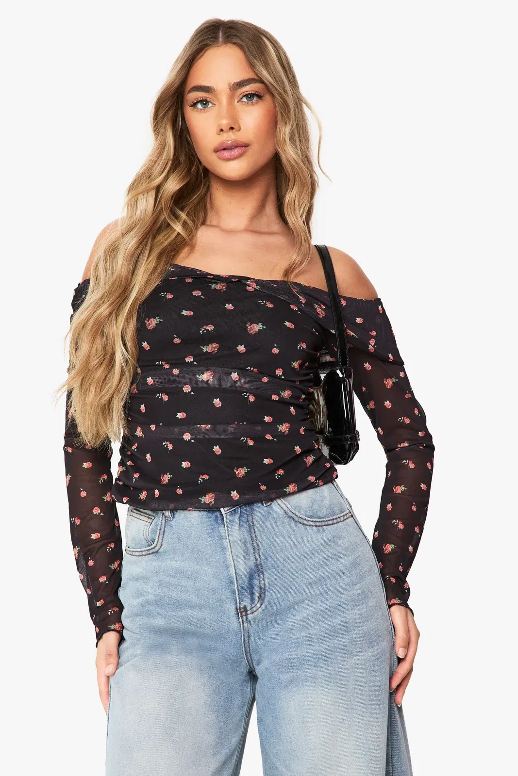 Printed Mesh Bardot Ruched Top