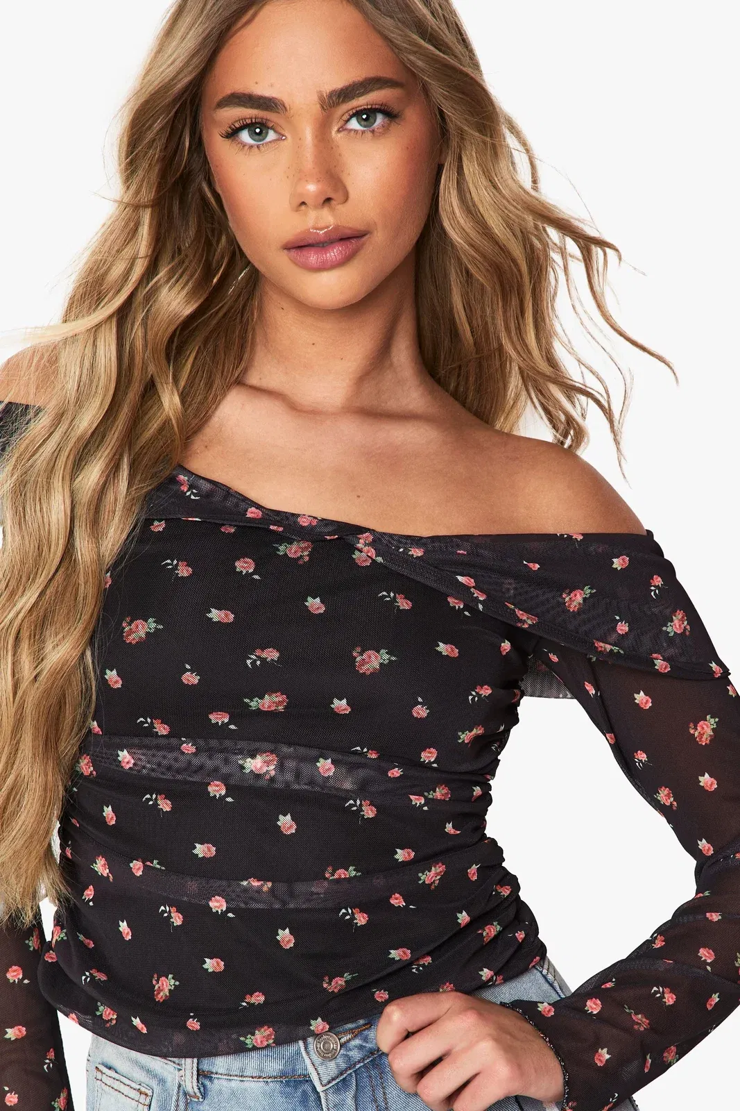 Printed Mesh Bardot Ruched Top