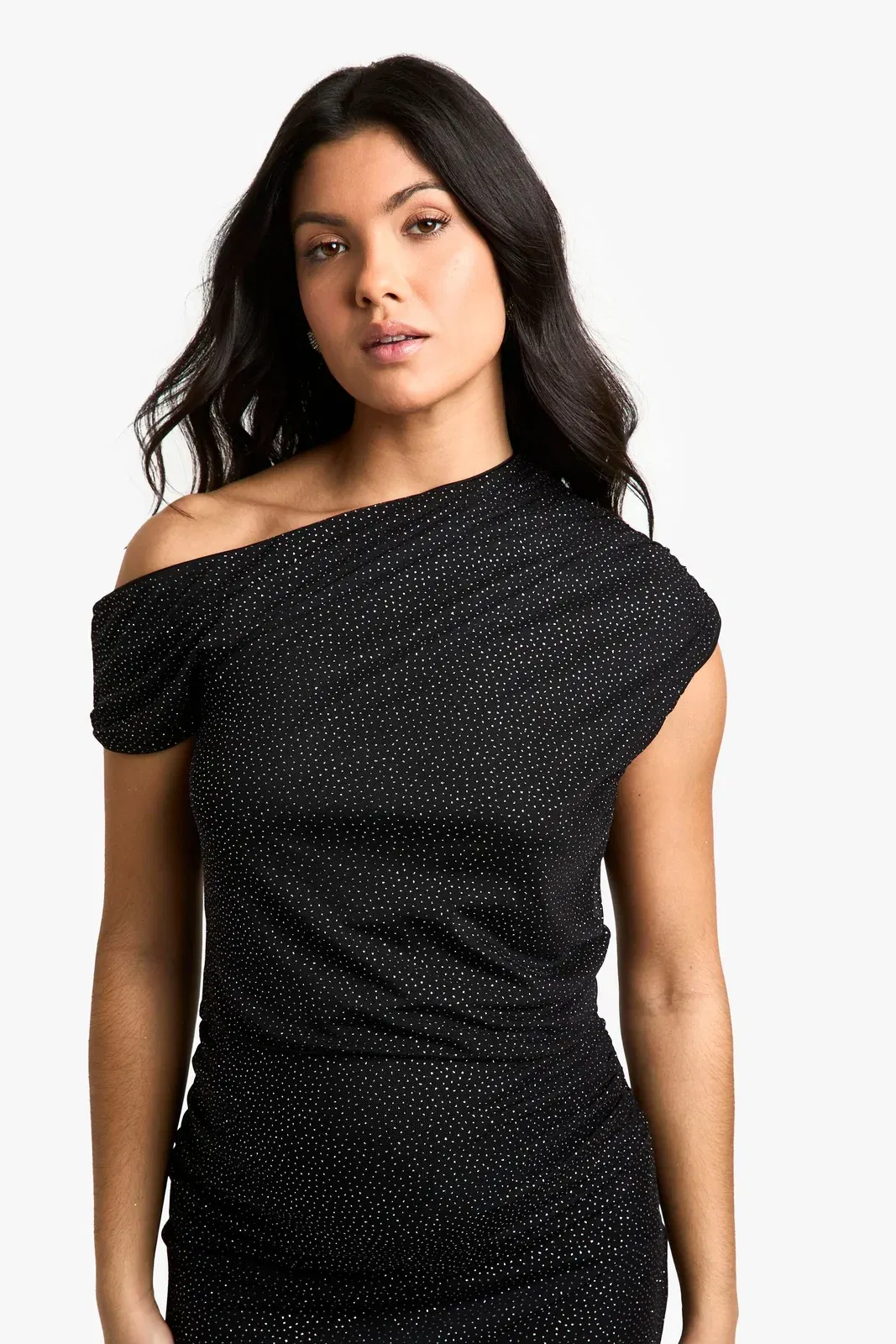 Maternity Glitter Stretch Ruched Off The Shoulder Top