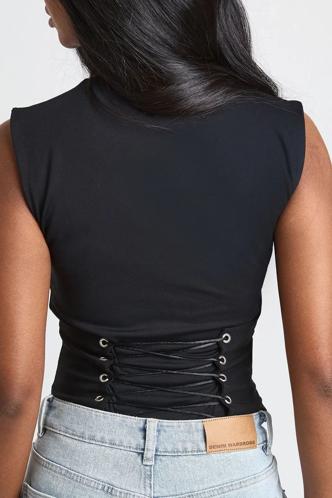 Bengaline Grown On Neck Lace Up Back Corset Detail Bodysuit