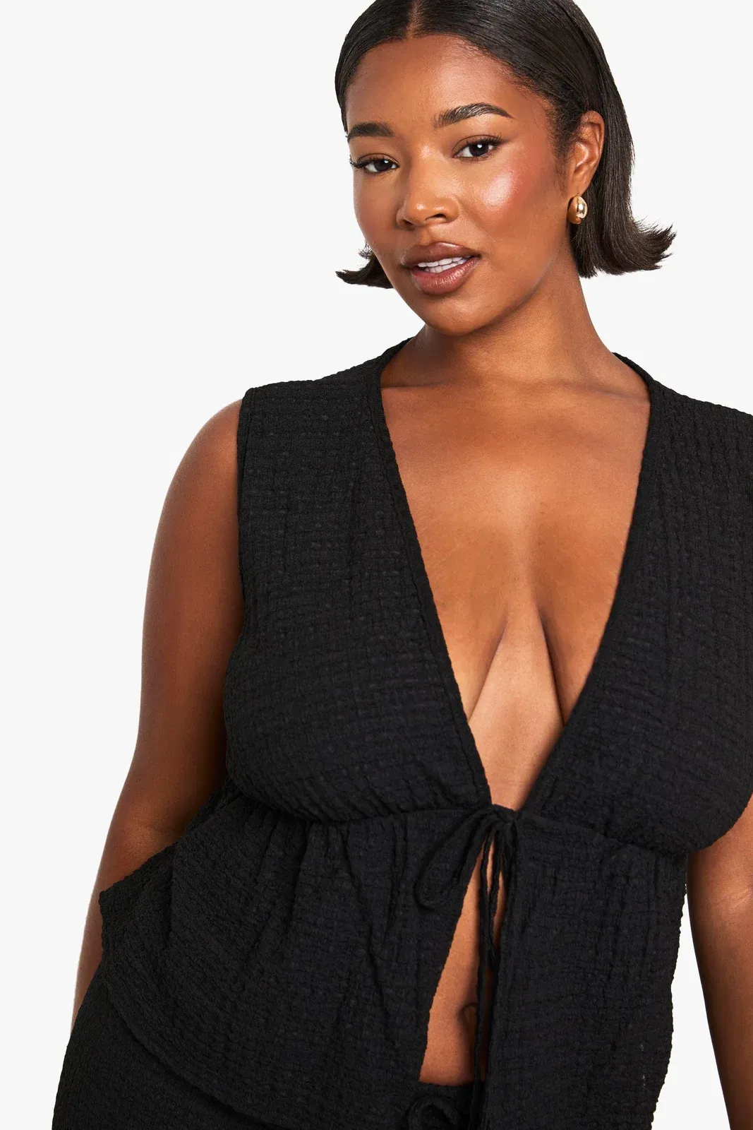 Beaded Textured Tie Front Waistcoat