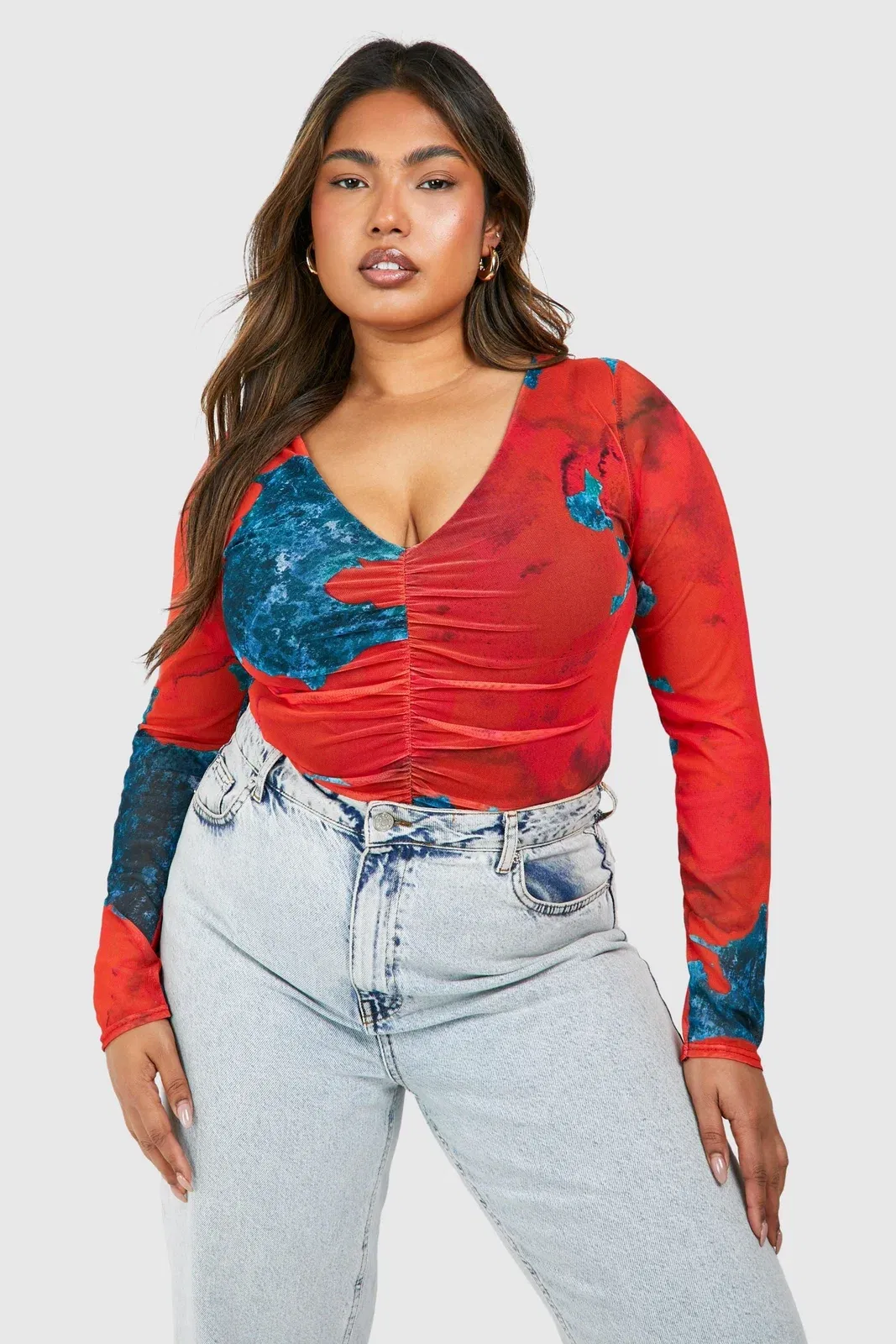 Plus Abstract Mesh Long Sleeve Bodysuit