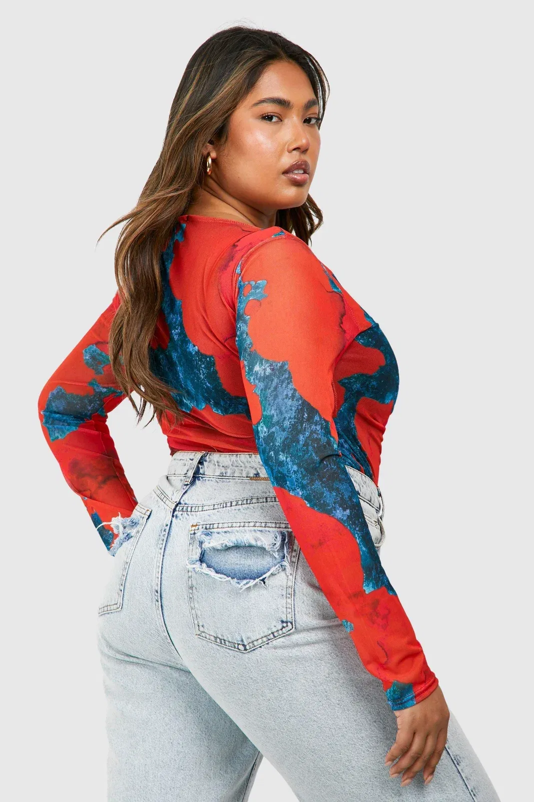Plus Abstract Mesh Long Sleeve Bodysuit