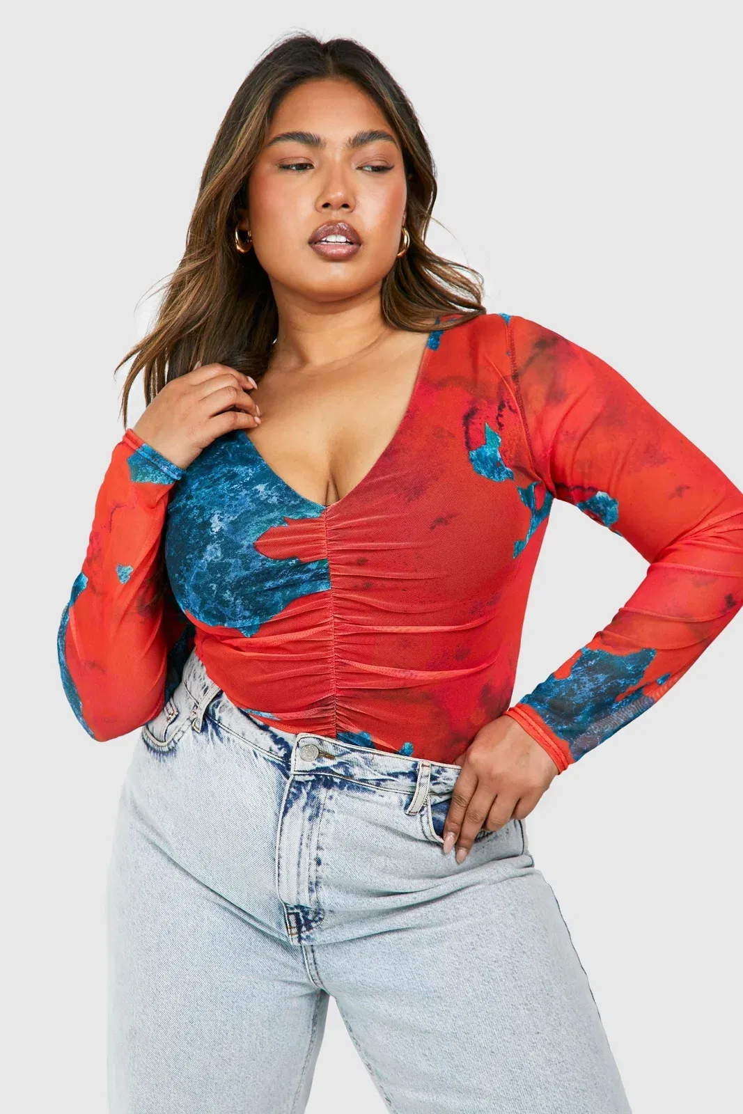 Plus Abstract Mesh Long Sleeve Bodysuit