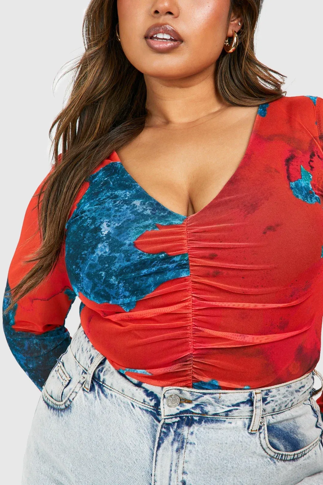 Plus Abstract Mesh Long Sleeve Bodysuit