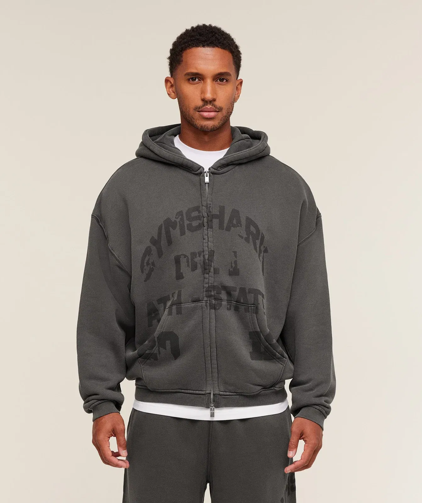 Gymshark Collegiate Washed Zip Up Hoodie - Asphalt Grey