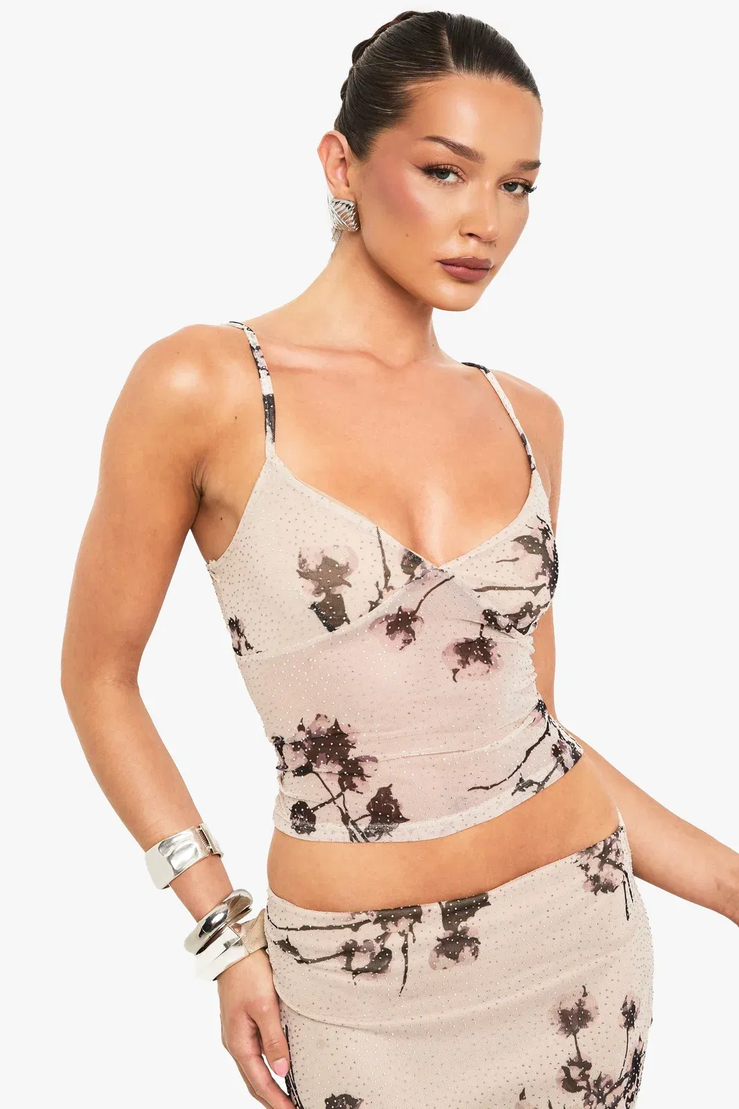 Embellished Printed Mesh Lined Strappy Cami Top