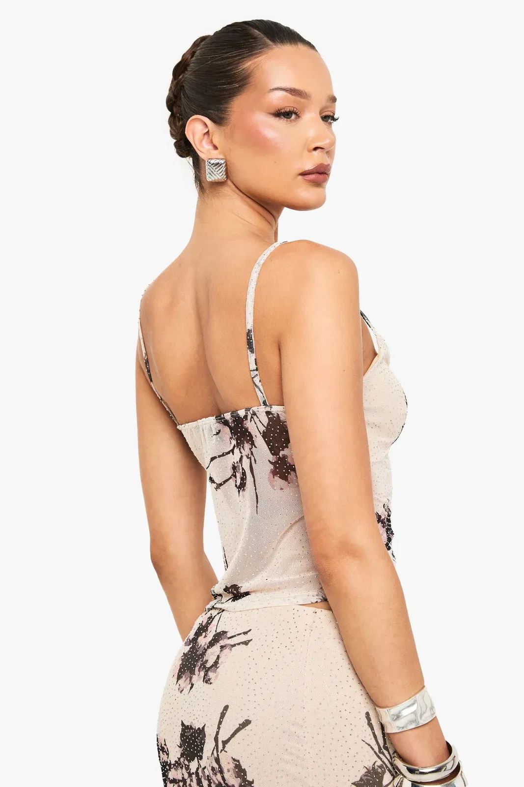 Embellished Printed Mesh Lined Strappy Cami Top