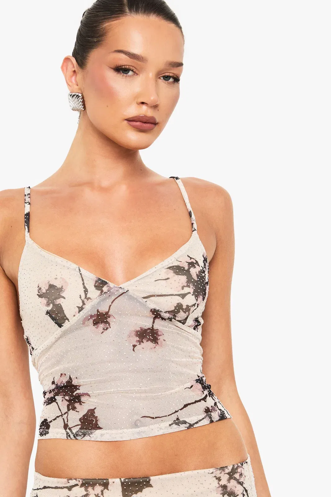 Embellished Printed Mesh Lined Strappy Cami Top