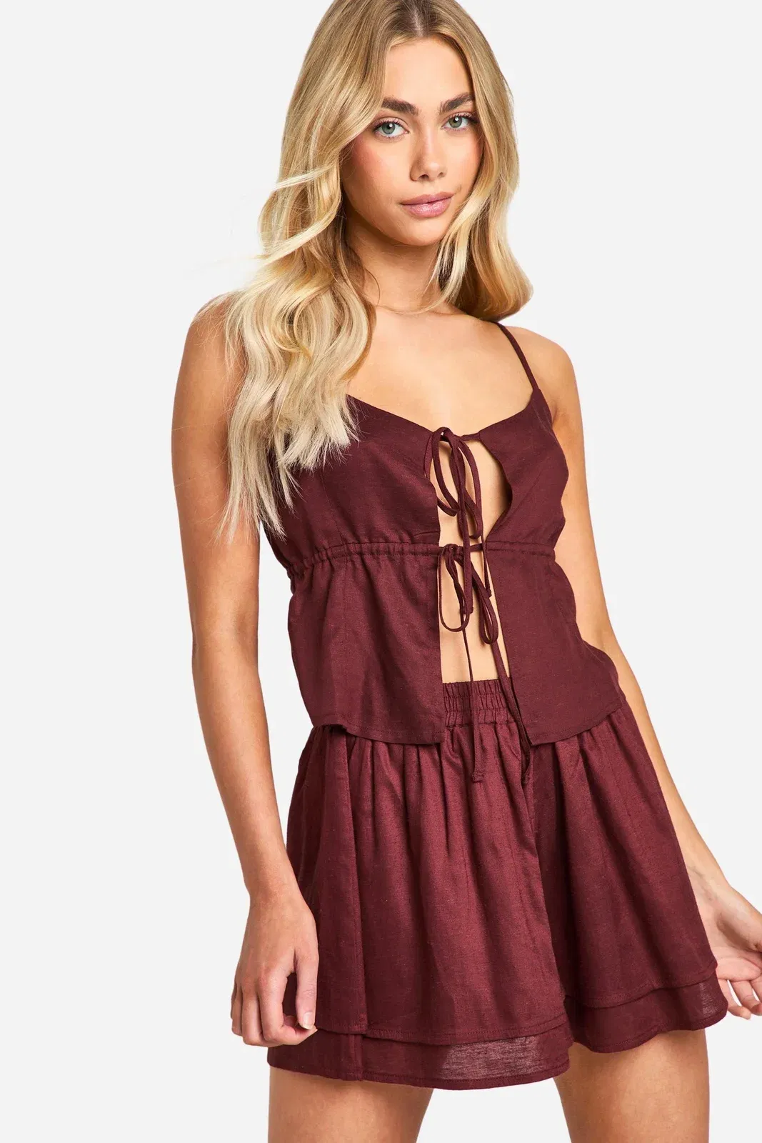 Linen Look Strappy Tie Front Crop