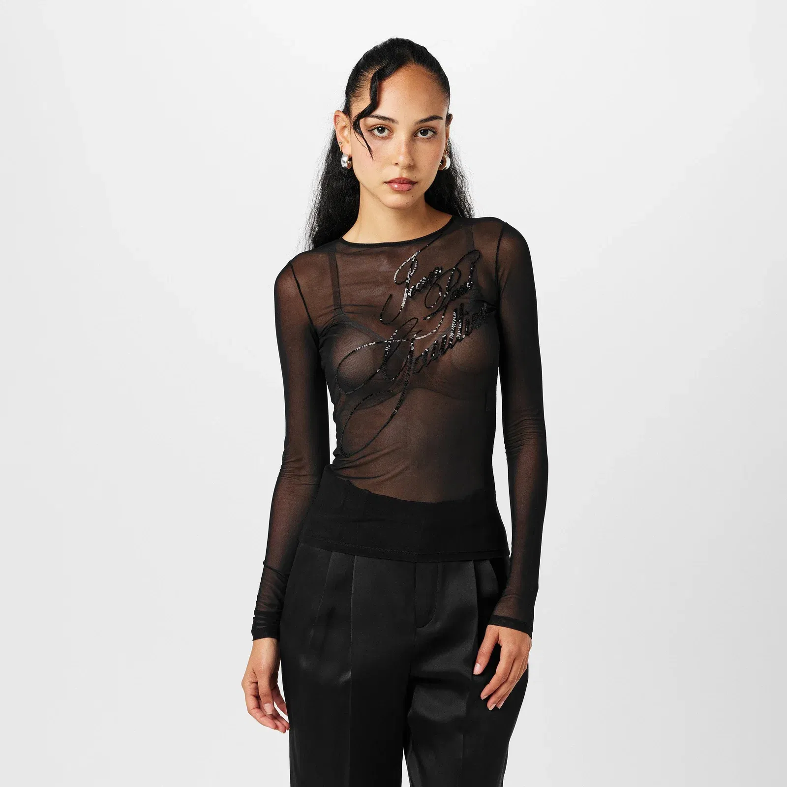 Mesh Sequin Long Sleeve Crop Top