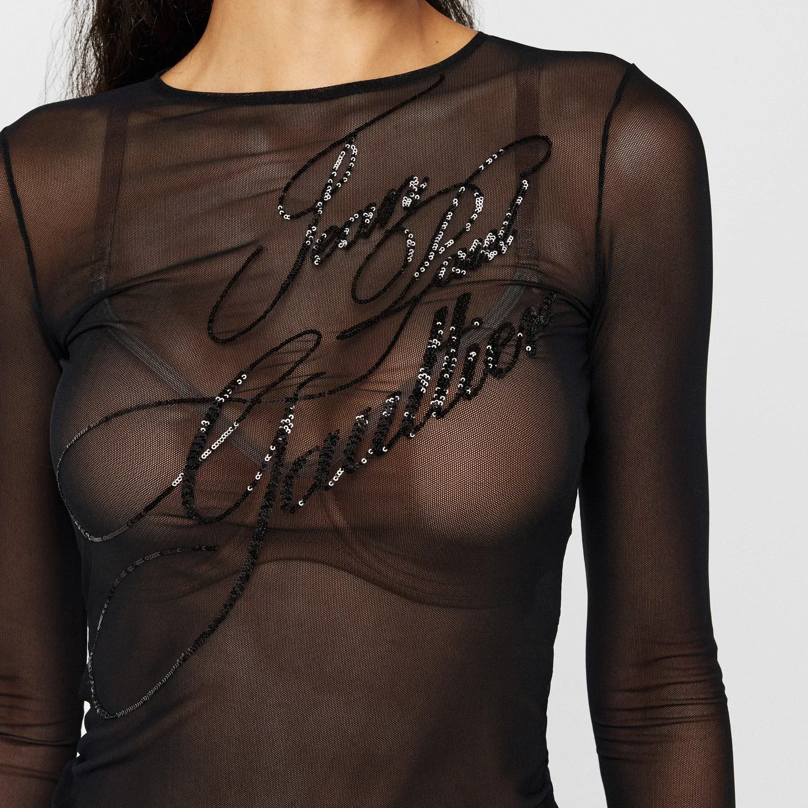 Mesh Sequin Long Sleeve Crop Top