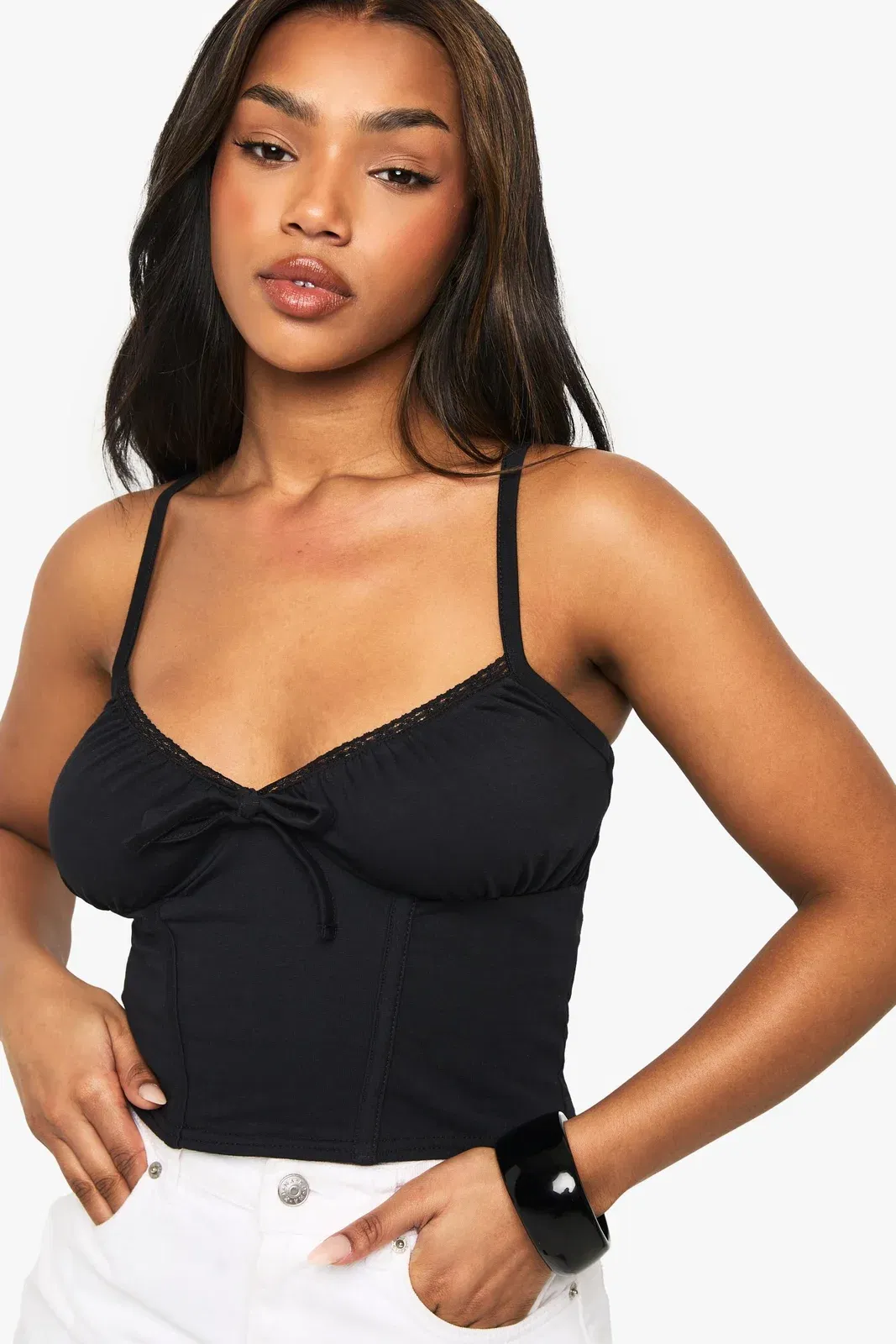 Cotton Lace Trim Tie Front Corset Top