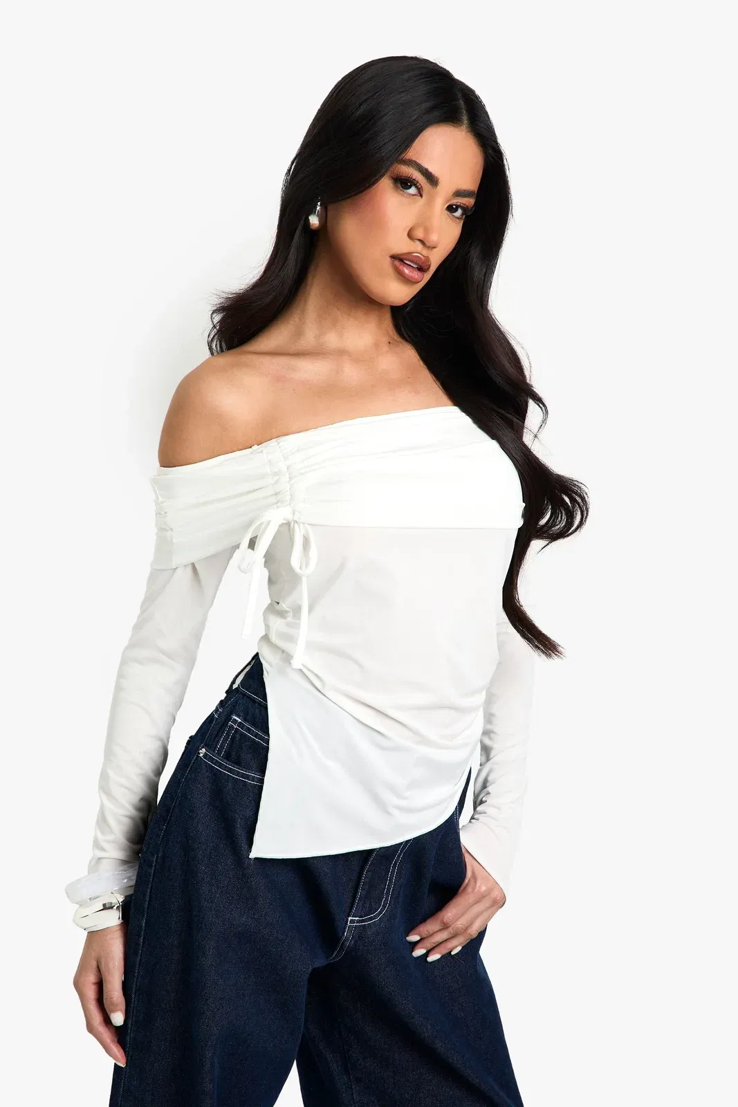 Slinky Bardot Ruched Front Long Sleeve Top