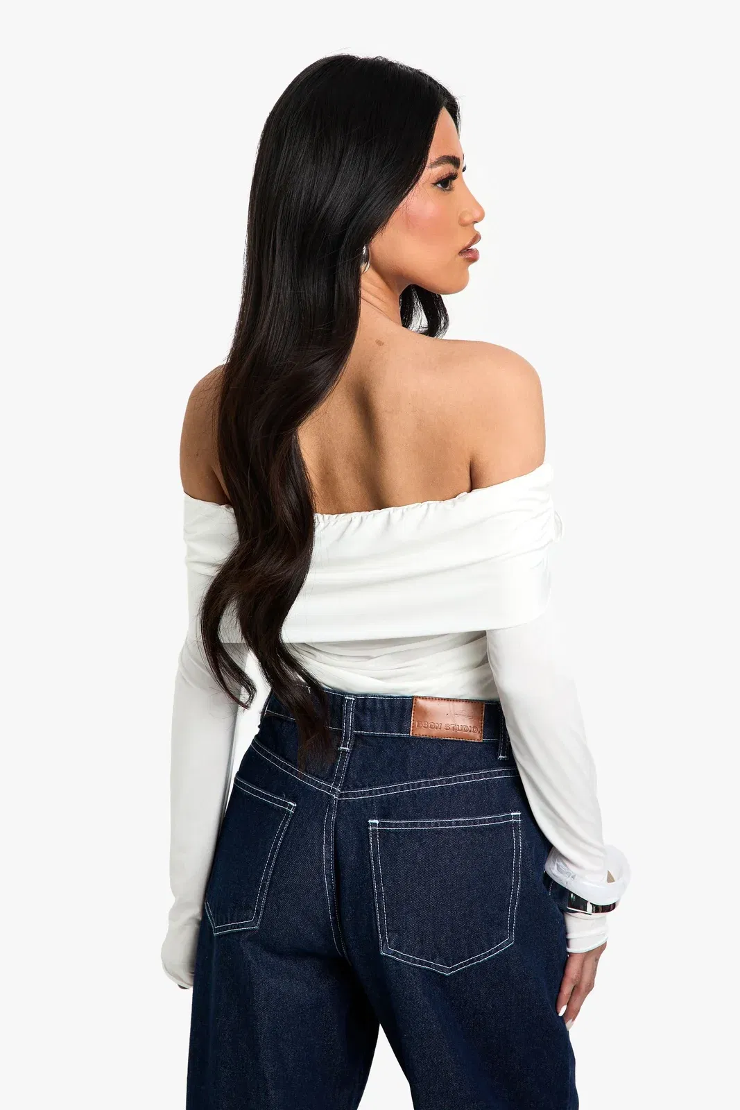 Slinky Bardot Ruched Front Long Sleeve Top