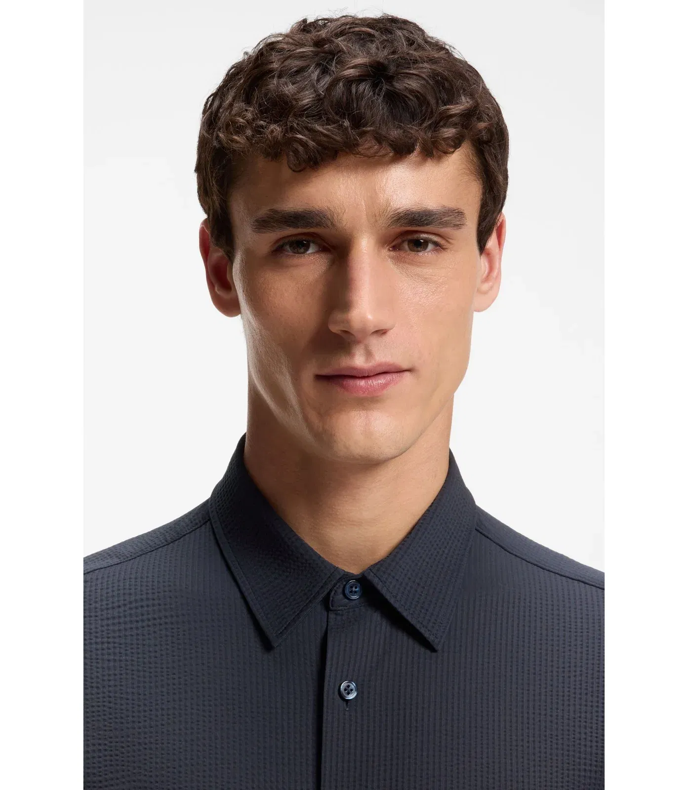 Boss Slim Fit Shirt In Italian Performance Stretch Seersucker Dark Blue