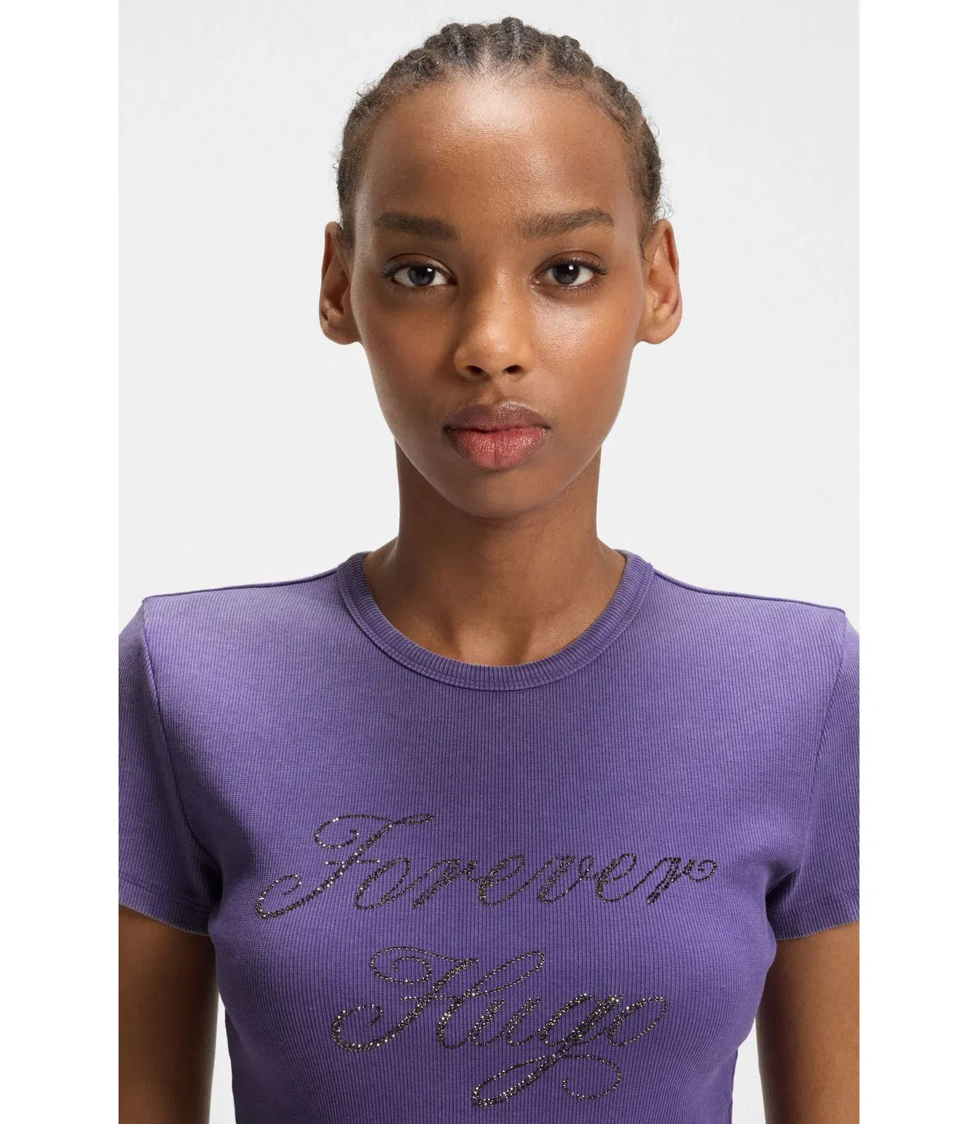 Hugo Rhinestone Logo Slim Fit T-Shirt In Stretch Cotton Purple Women's