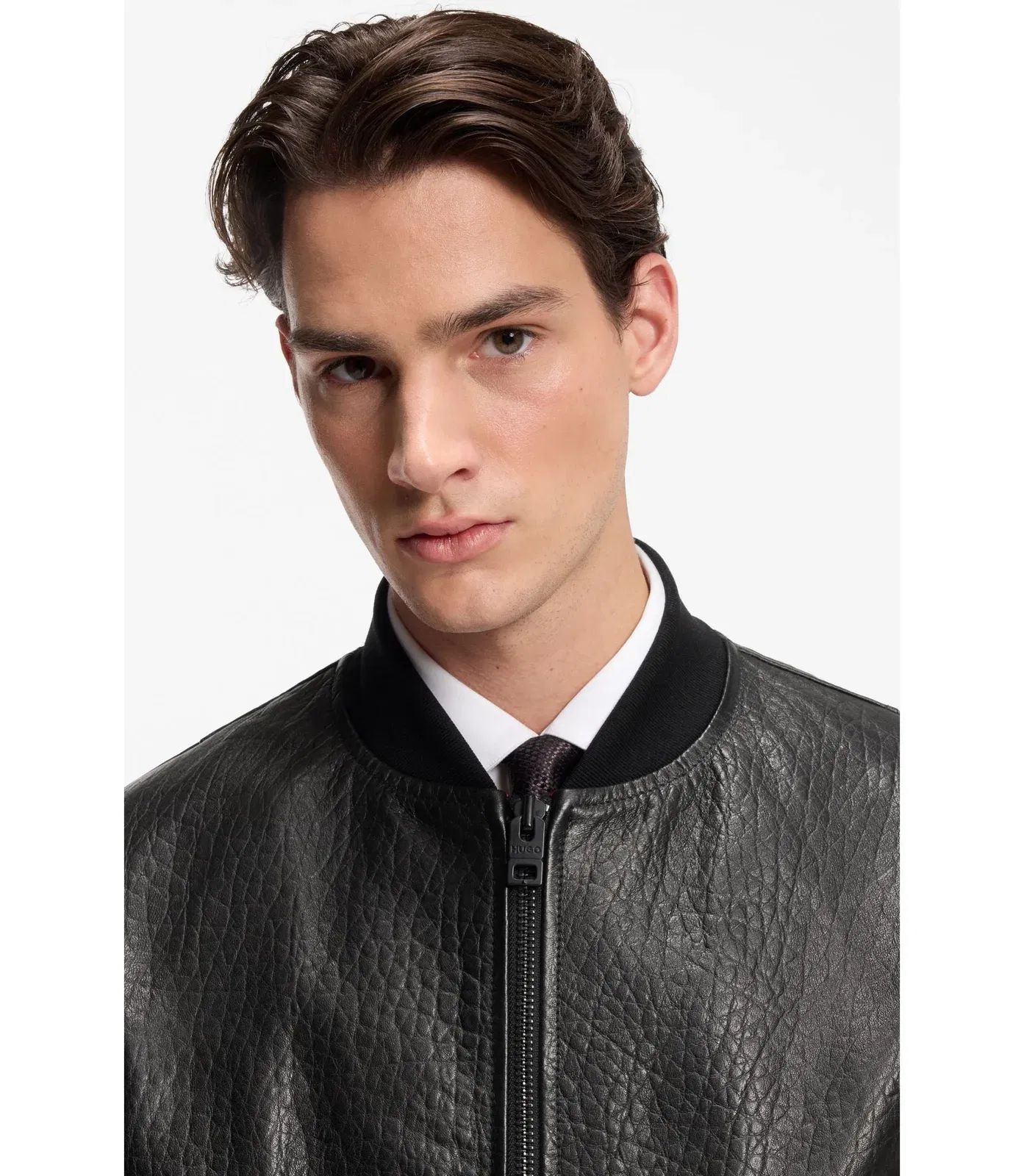 Hugo Patterned Leather Jacket In A Regular Fit Black