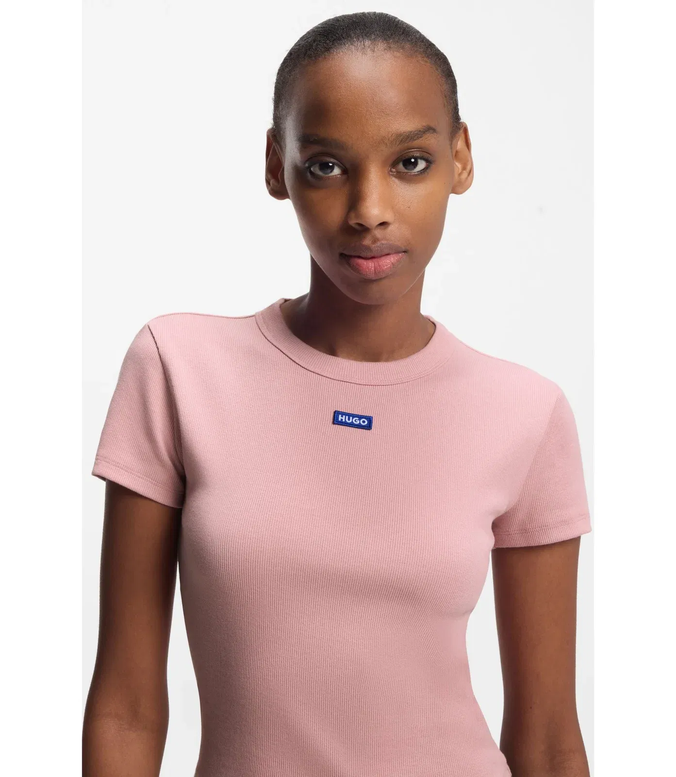 Hugo Logo Badge Slim Fit T-Shirt In Stretch Cotton Light Pink Women's