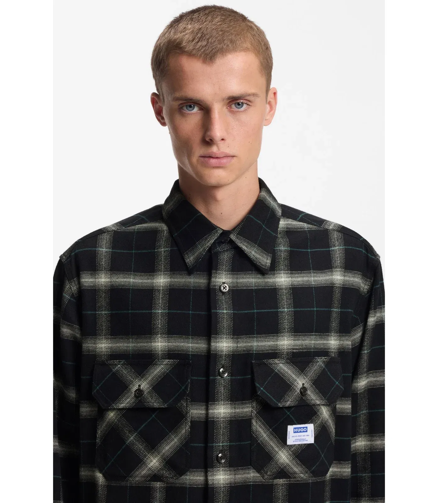Hugo Checked Oversized Fit Overshirt In Cotton Twill Black