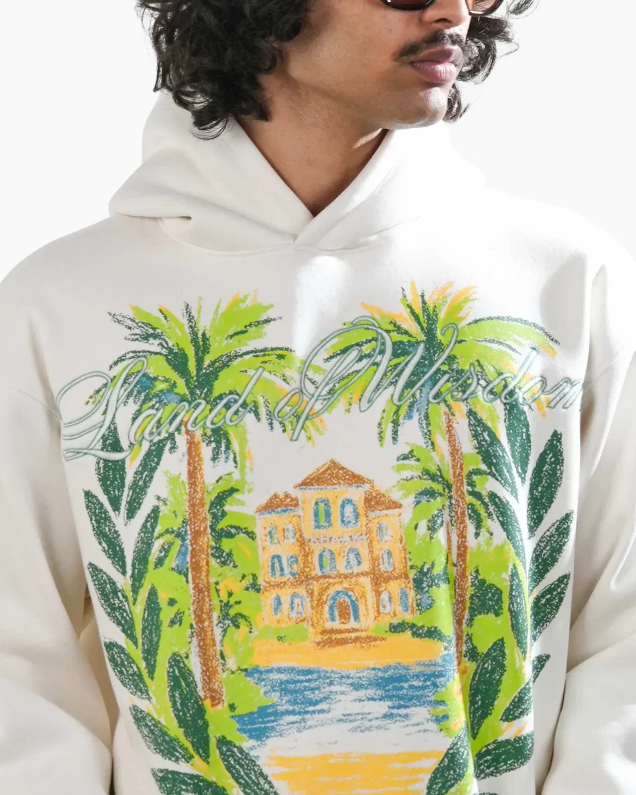 Land Of Wisdom - Off White Printed Oversized Hoodie