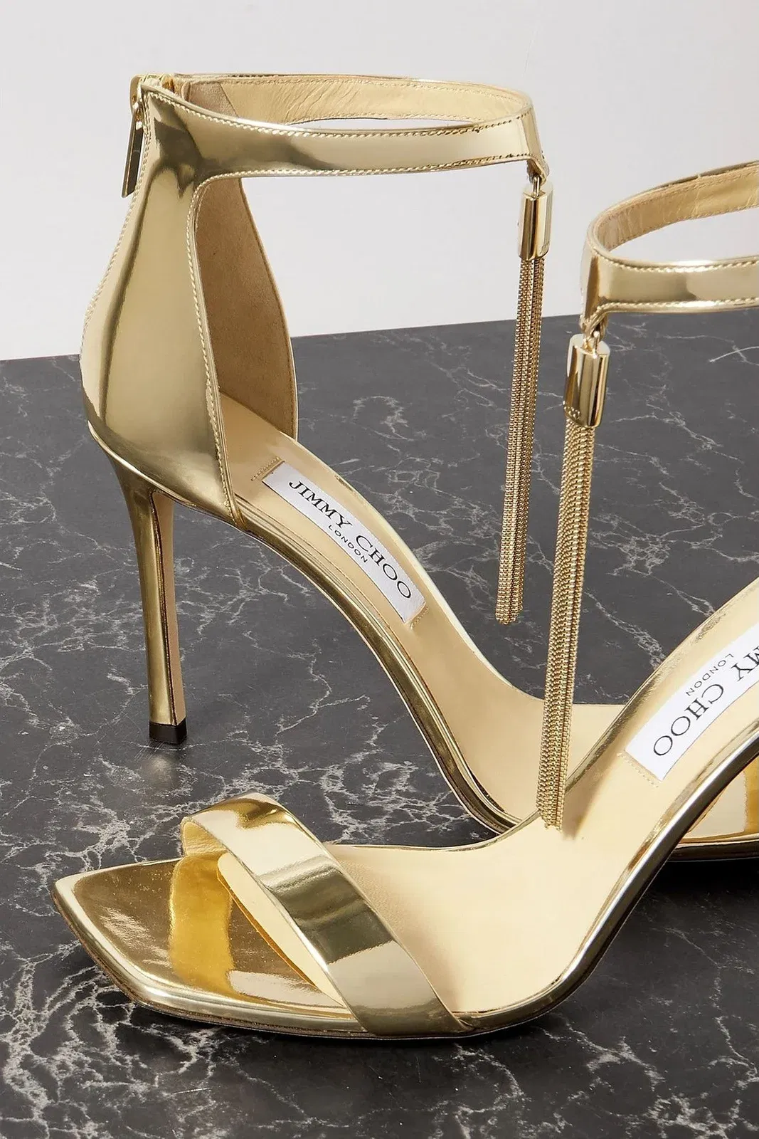 Jimmy Choo Vinca 95 Fringed Mirrored-Leather Sandals Gold Women's